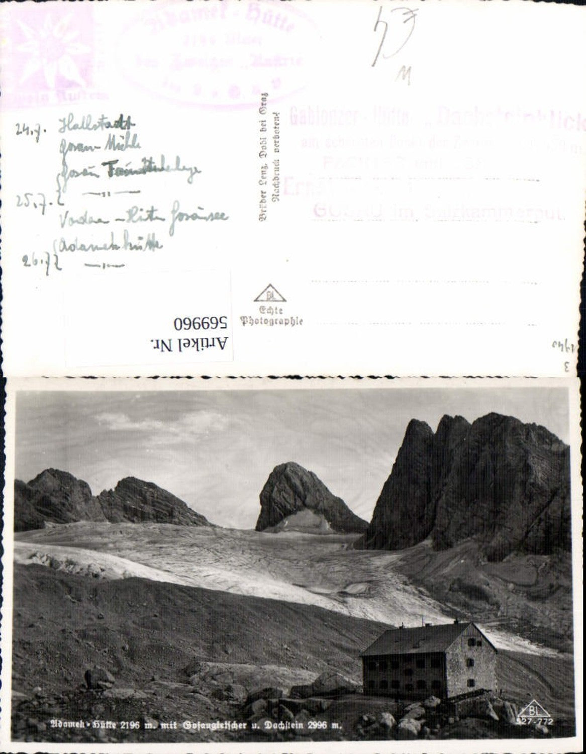 569960,Foto Ak Gosau Adamekhütte m. Gosaugletscher u. Dachstein