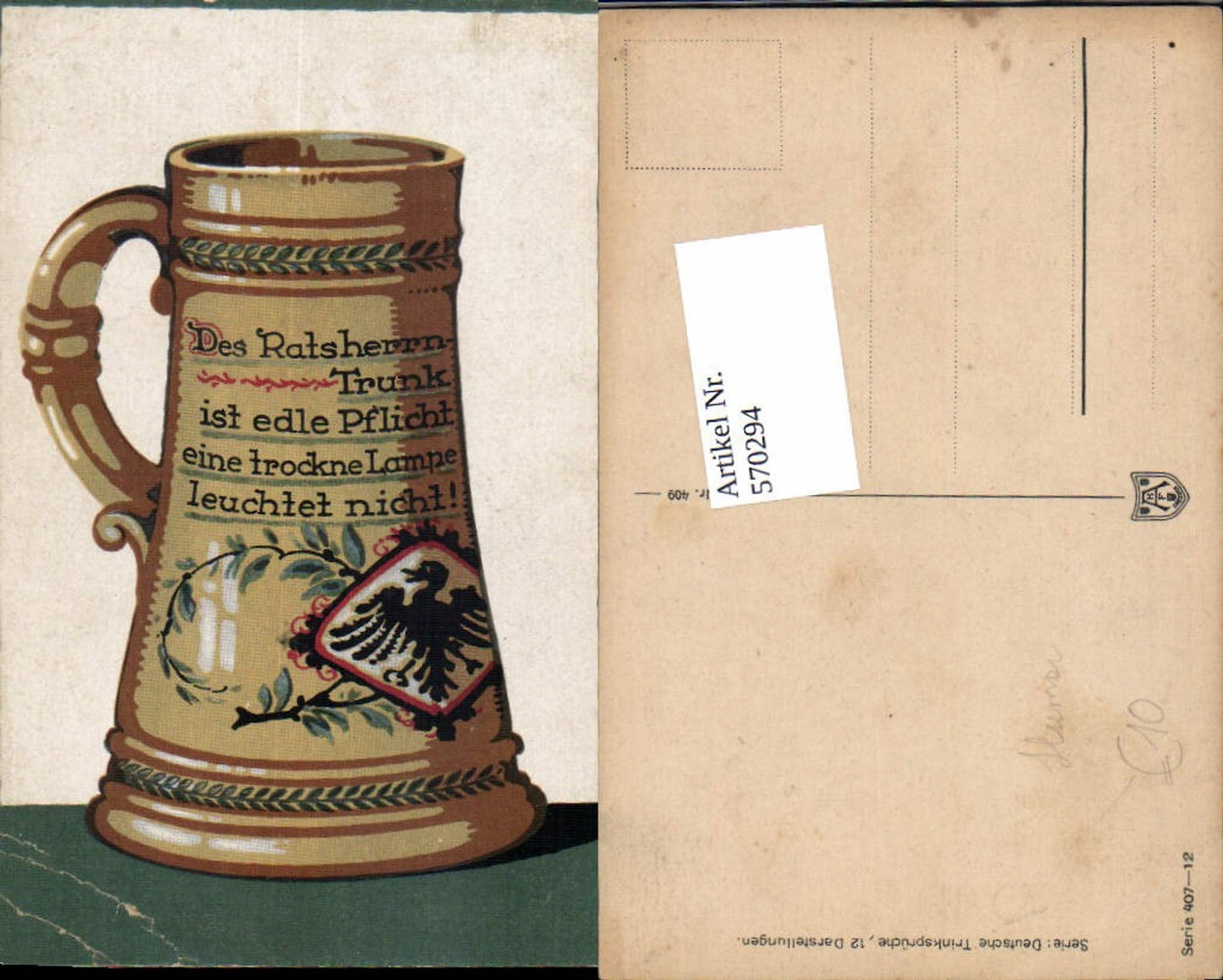 570294,Lithographie Krug Bierkrug Ratsherrntrunk Wappen Deutsche Trinksprüche Humor