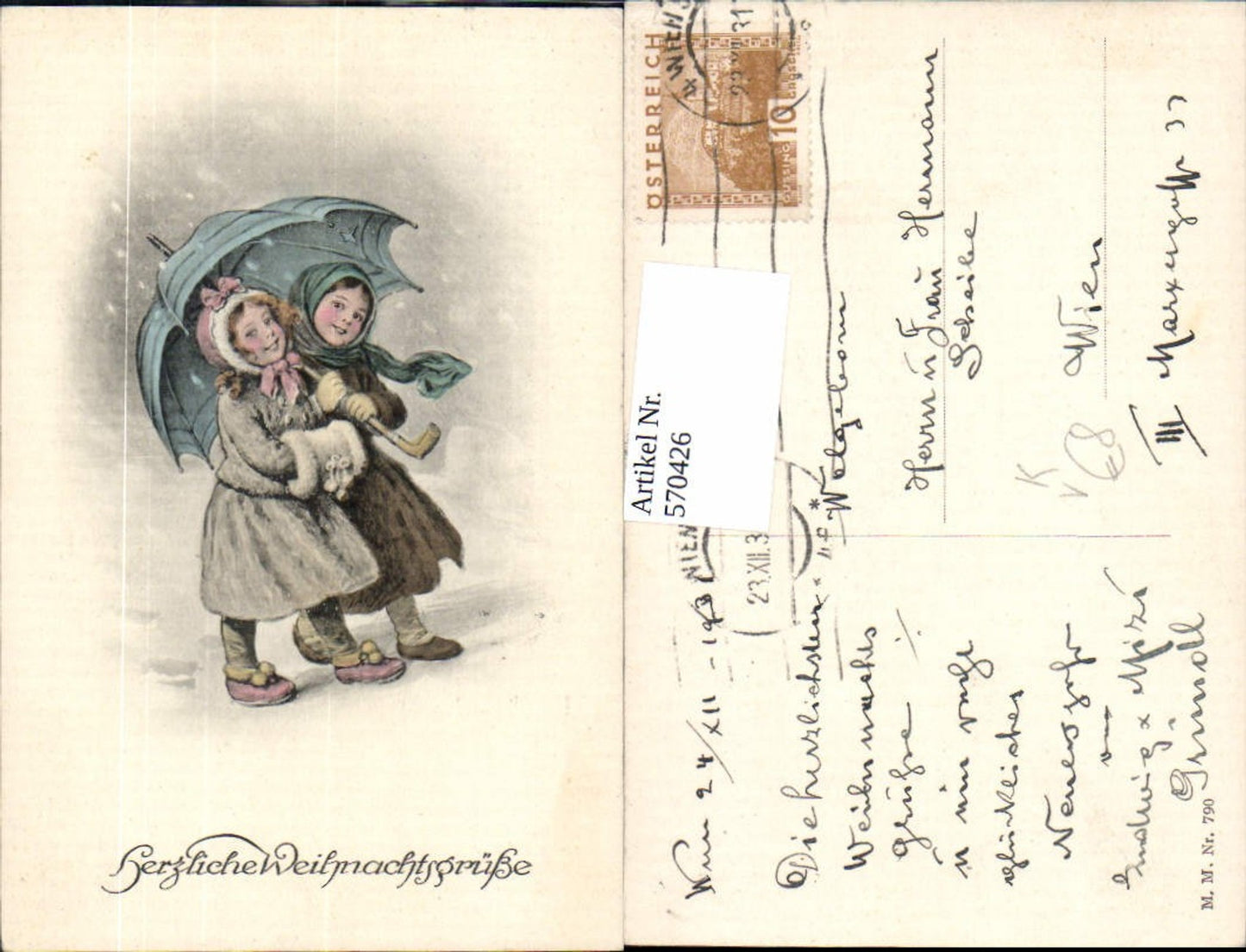 570426,Künstler AK Kinder Mädchen Schirm Weihnachten pub Munk Vienne 790