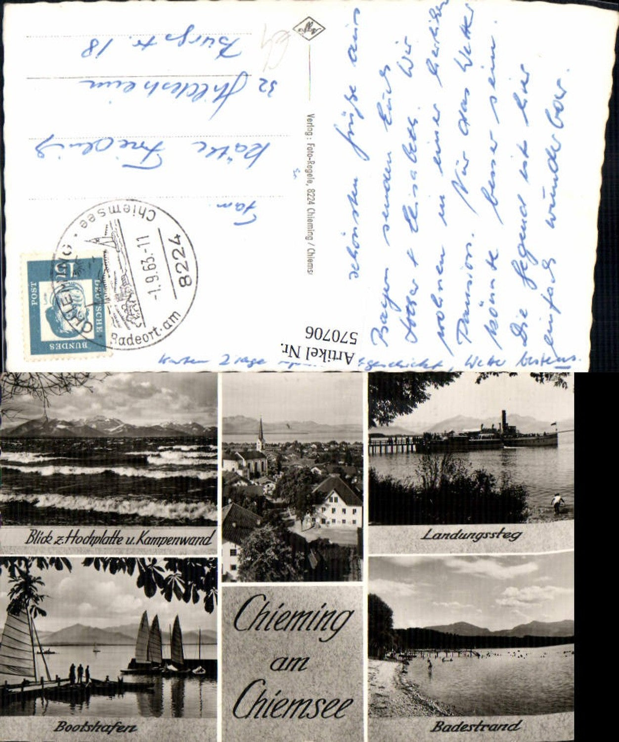 570706,Mehrbild Ak Chieming a. Chiemsee Landungssteg Bootshafen Badestrand