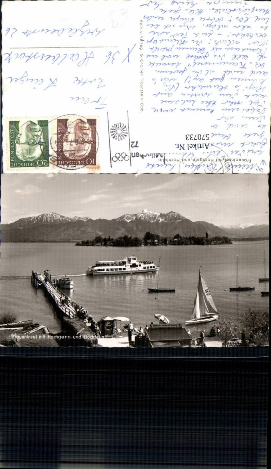 570733,Fraueninsel i. Chiemsee m. Hochgern u. Hochfelln Anleger m. Schiff Dampfer Segelboot