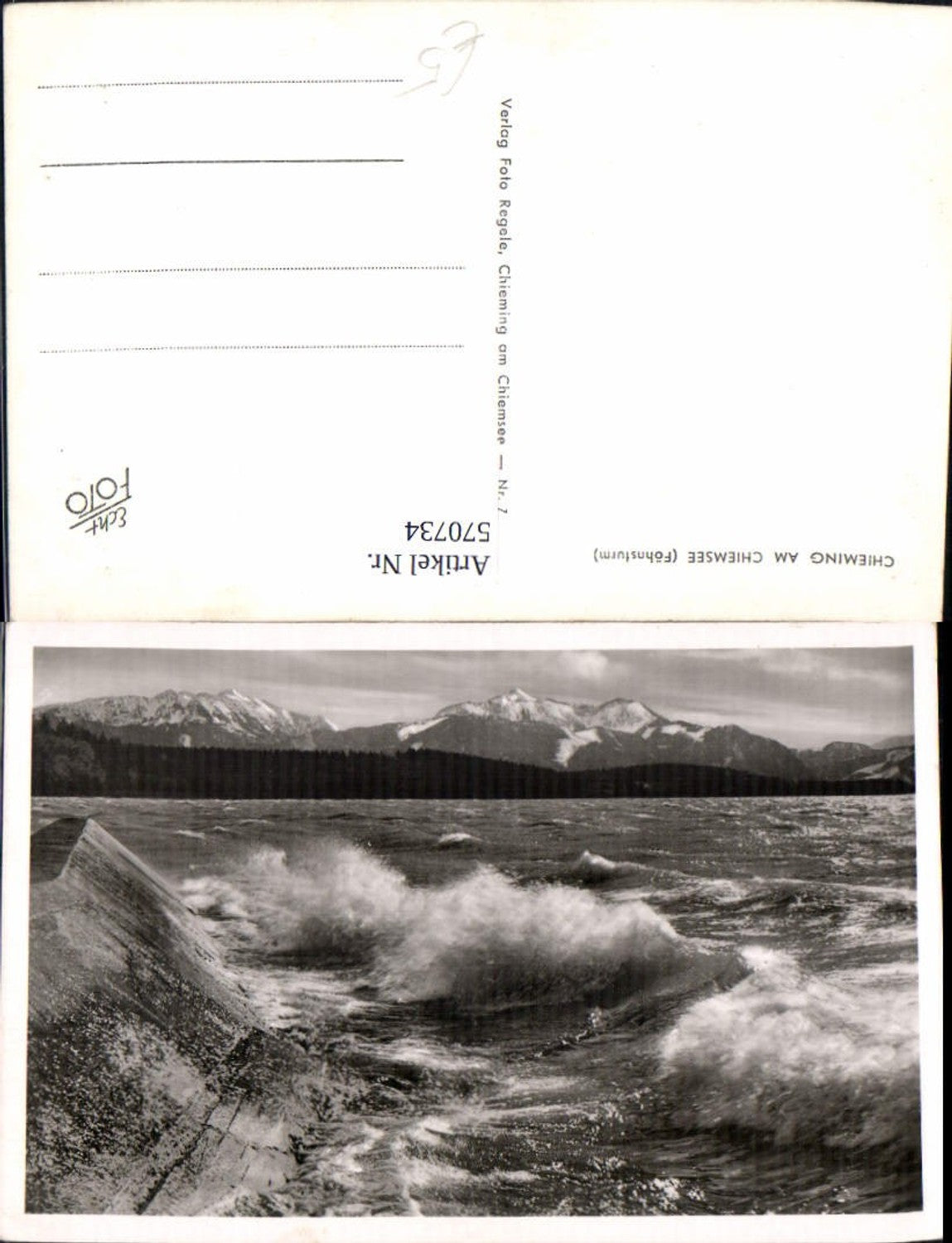 570734,Foto Ak Chieming a. Chiemsee Föhnsturm Wellen Brandung