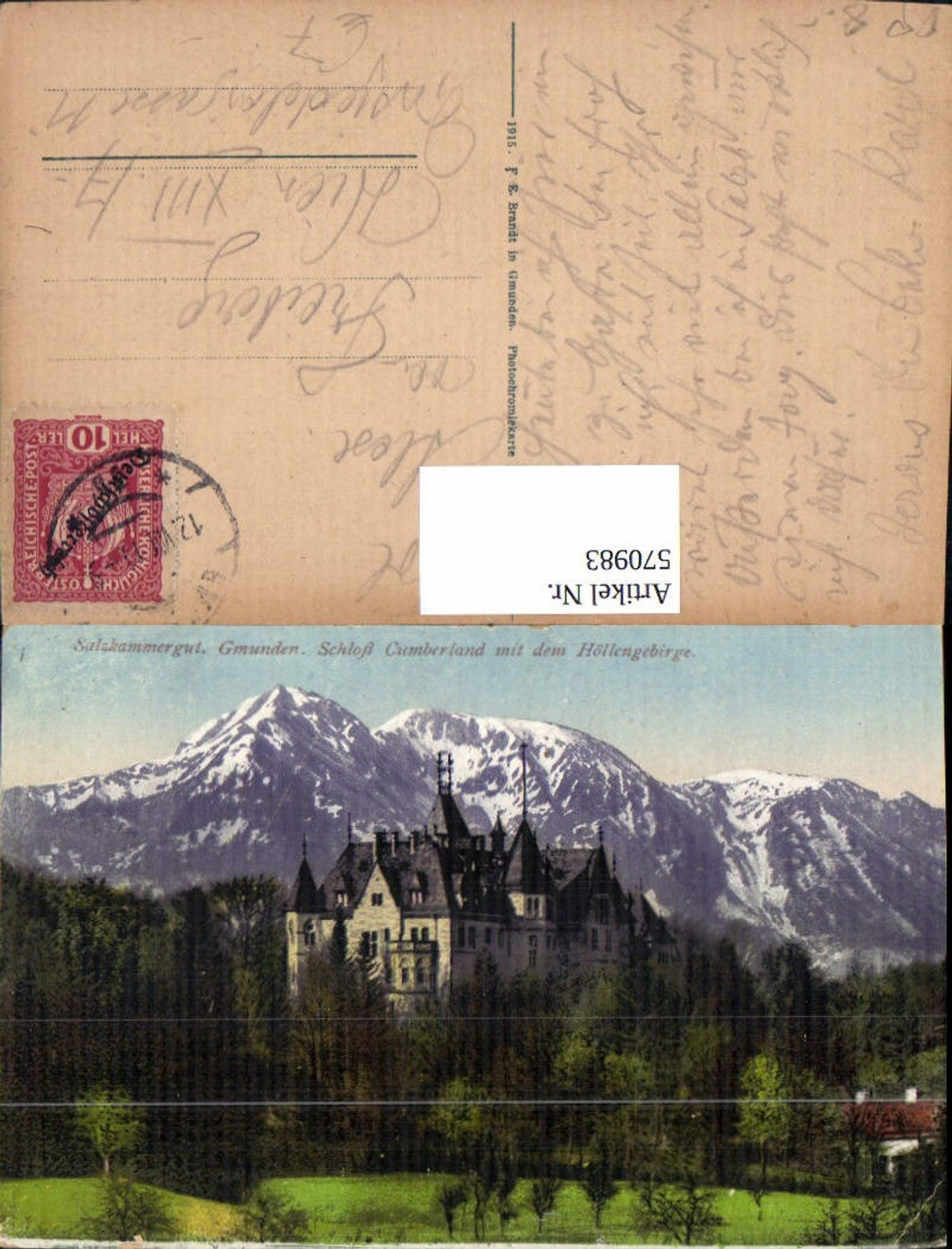570983,Gmunden Schloss Cumberland m. d. Höllengebirge Salzkammergut pub F. E. Brandt 1356