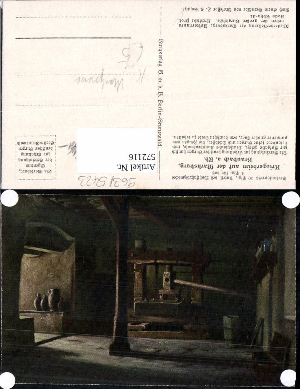 572116,Künstler Ak H. R. Schulze Braubach a. Rhein Marksburg Burgküche Wein Weinpresse Mostpresse