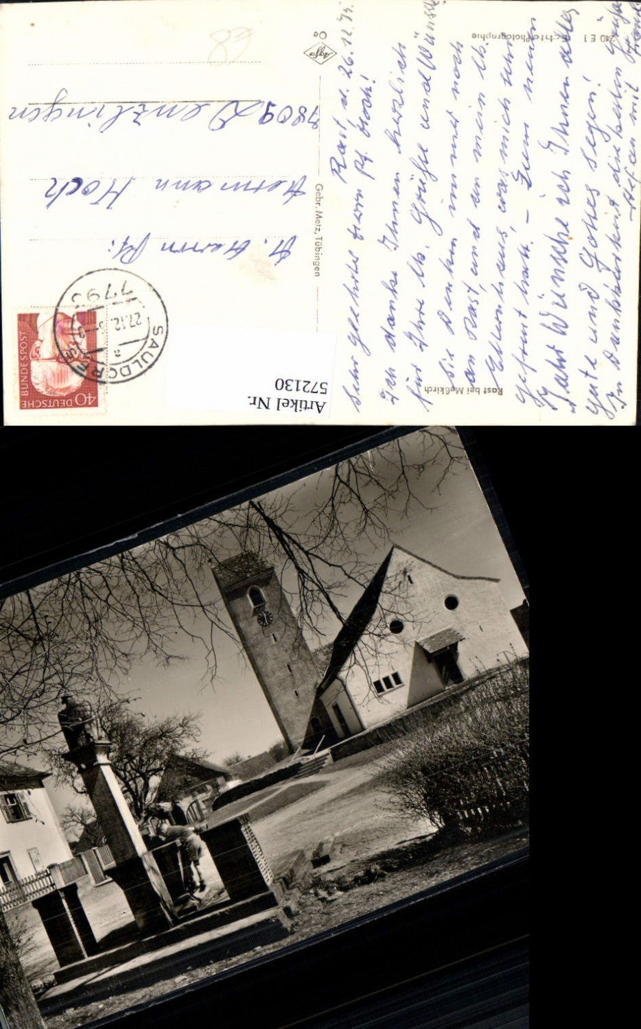 572130,Foto Ak Rast b. Meßkirch Kirche Brunnen