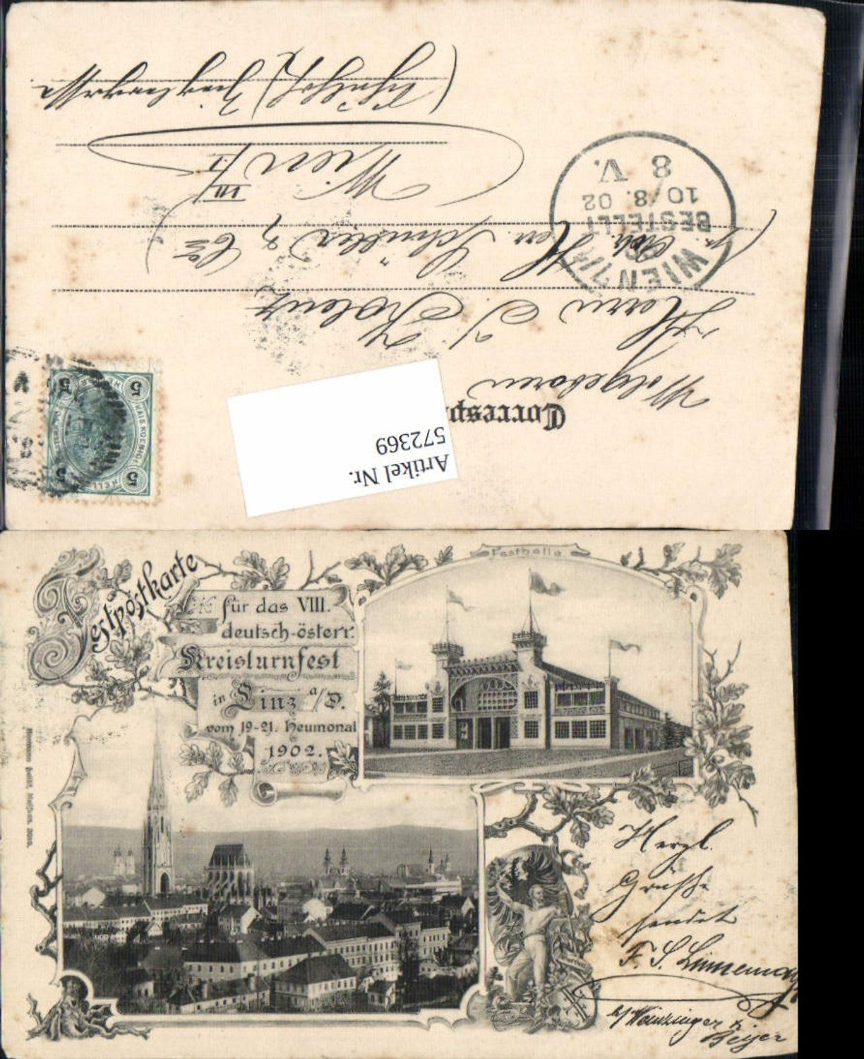 572369,tolle AK Festpostkarte Turnfest Kreisturnfest Linz 1902 Turnen Jahn