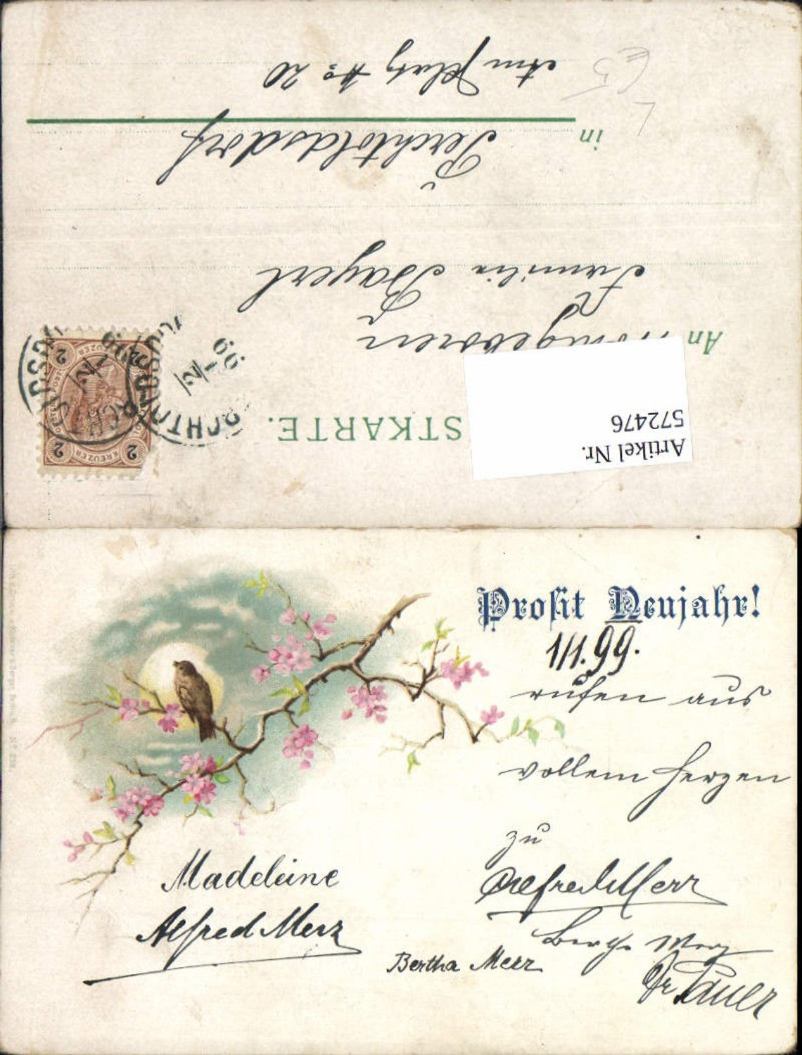 572476,Lithographie Neujahr Vogel Mond Zweige