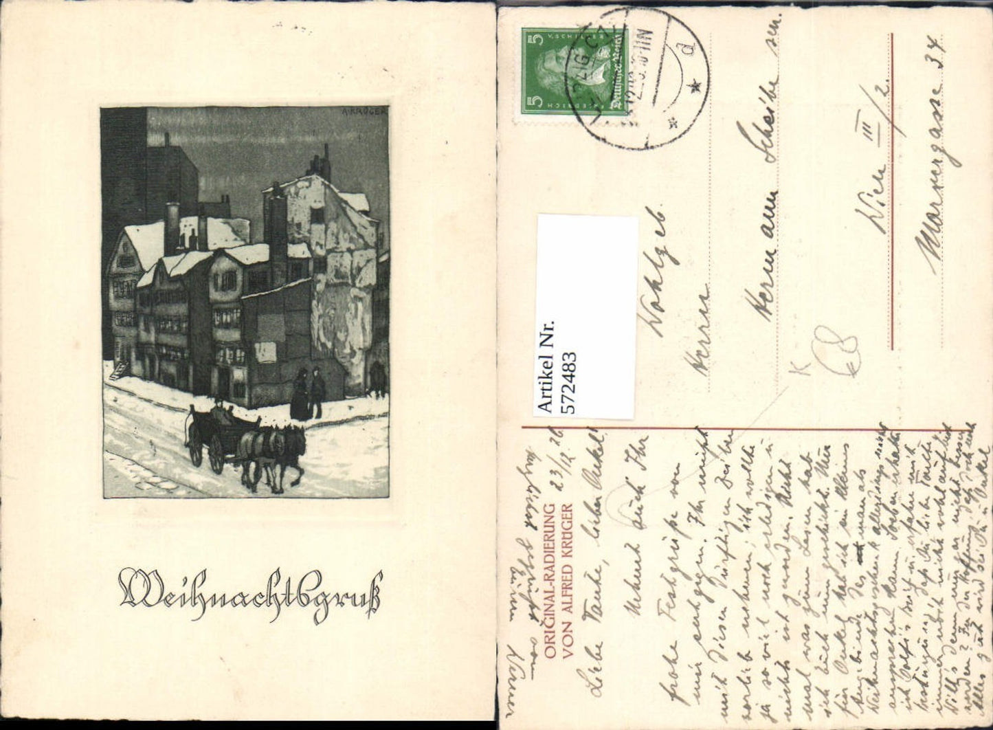 572483,Original Radierung Alfred Krüger Weihnachten Kutsche