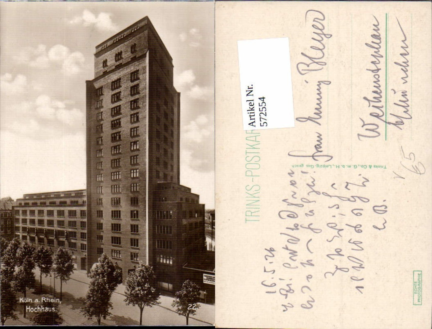 572554,Verlag Köln am Rhein Hochhaus pub Trinks & Co