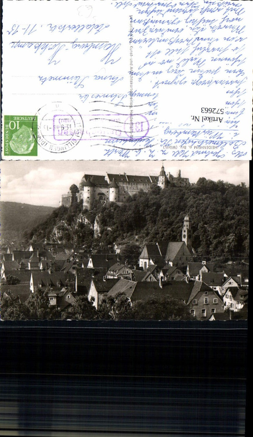 572663, Heidenheim an der Brenz, view with Hellenstein Castle, stamp 136 Dattenhausen via Dillingen on the Danube