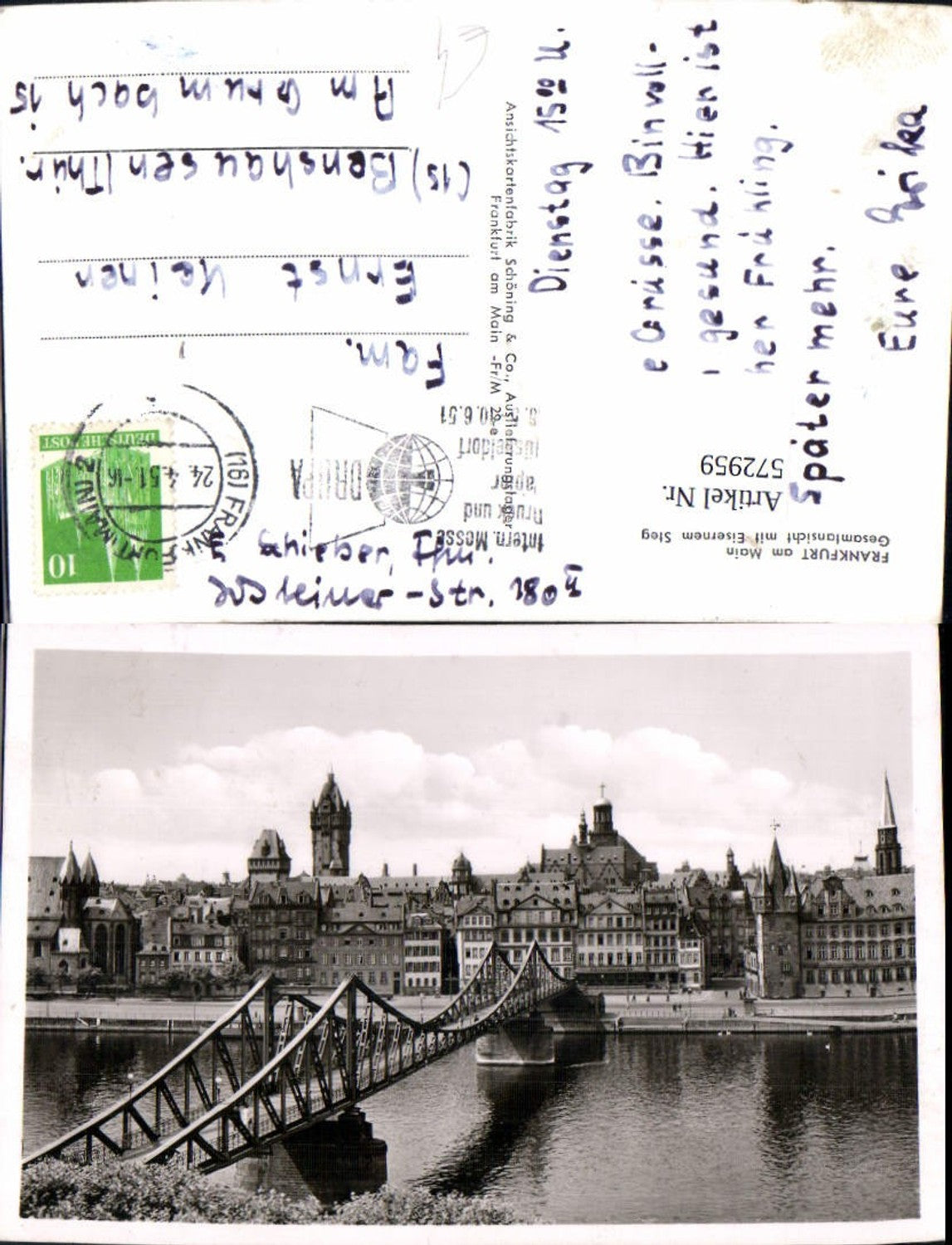 572959,Foto Ak Frankfurt a. Main Gesamtansicht m. Eiserem Steg