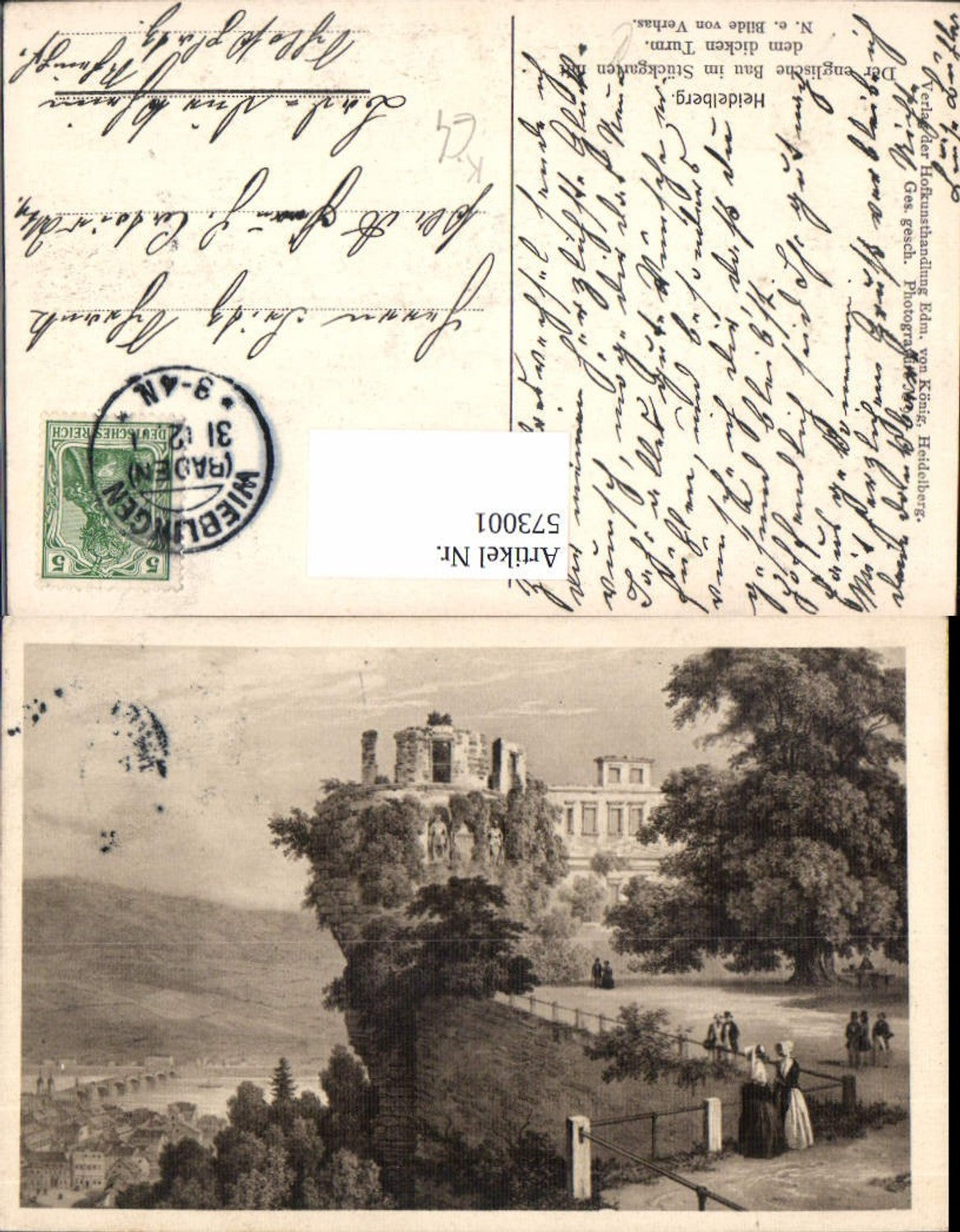 573001,Künstler Ak n. Bild v. Verhas Heidelberg Der englische Bau i. Stückgarten m. d. Dicken Turm