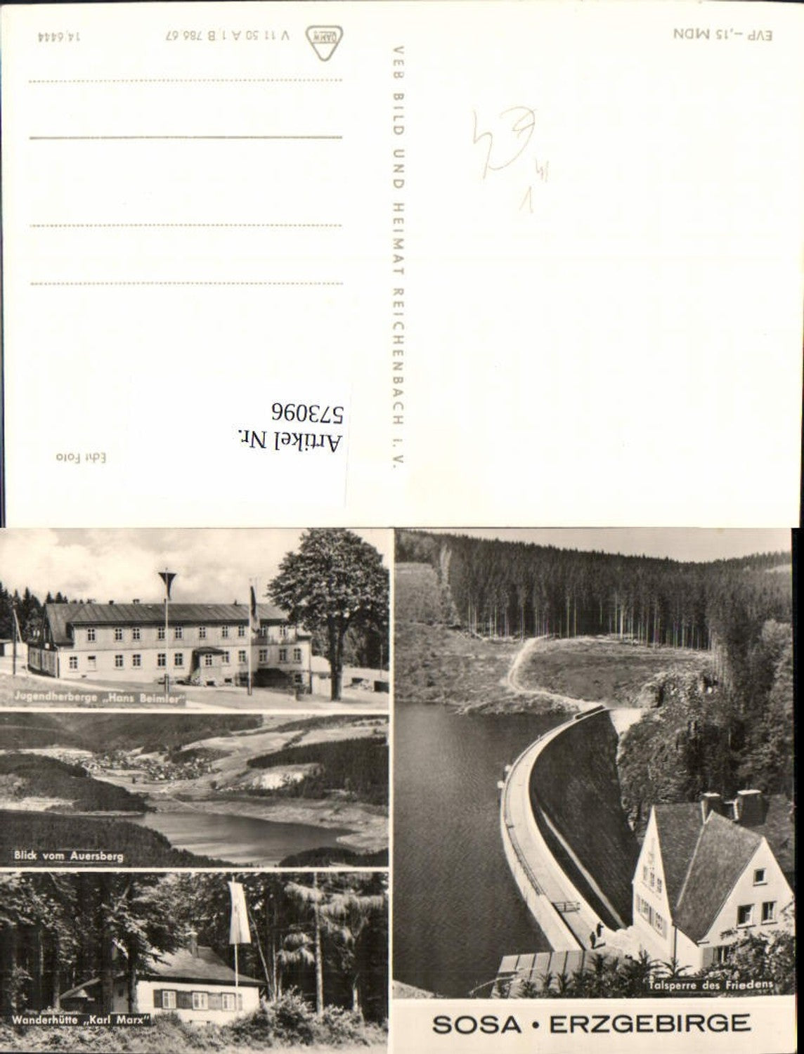 573096, Multi-image Ak Sosa Eibenstock Erzgebirge Talsperre d. Friedens Wanderhütte Karl Marx pub VEB