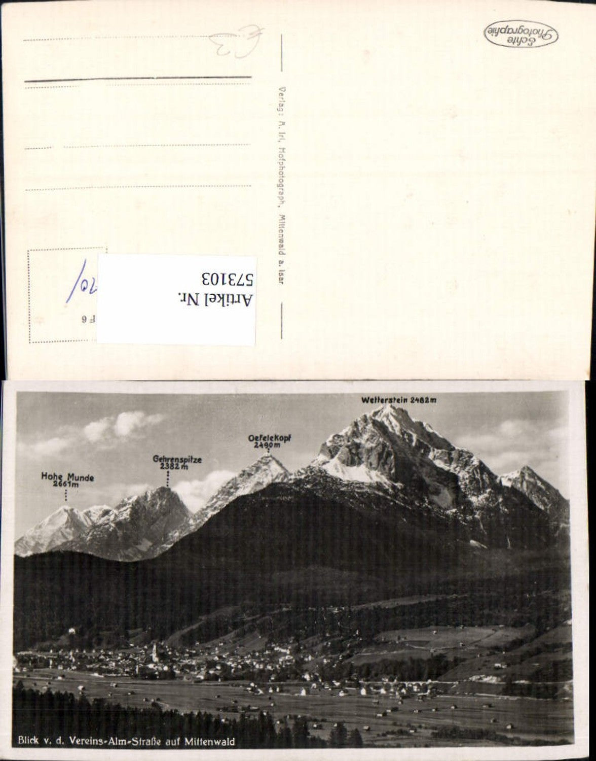 573103, Photo Ak View of Vereins-Alm-Straße towards Mittenwald summit map