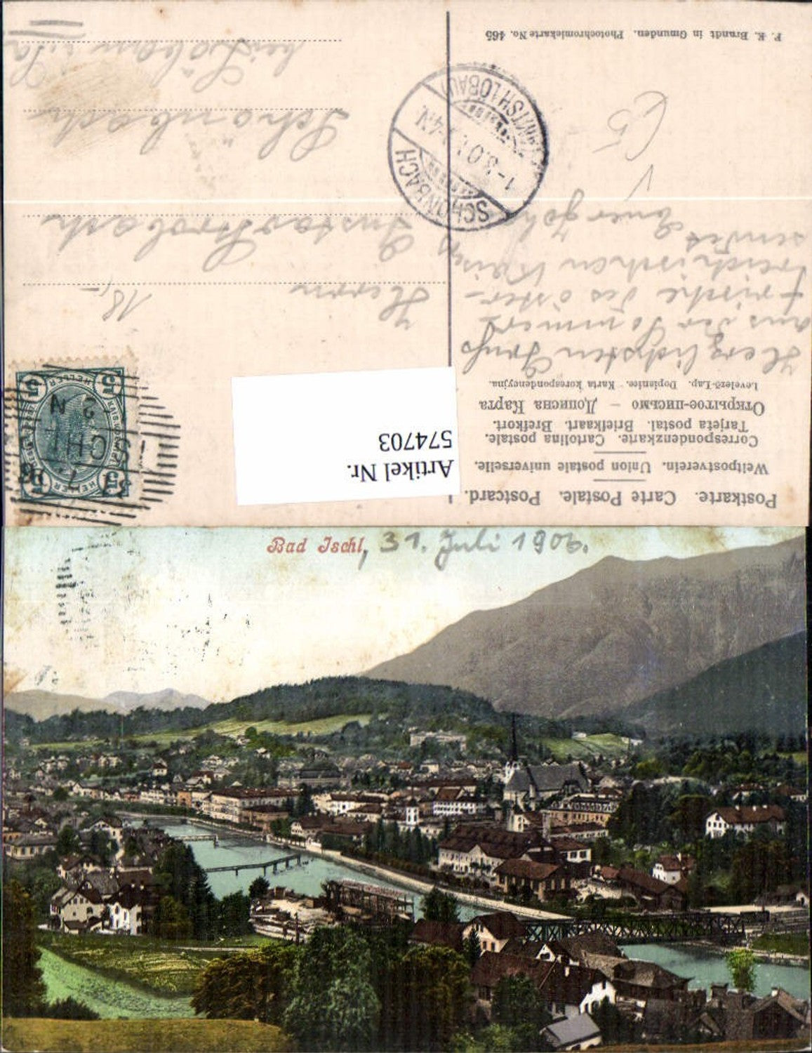 574703,Bad Ischl Ansicht 1906 pub F. E. Brandt 465