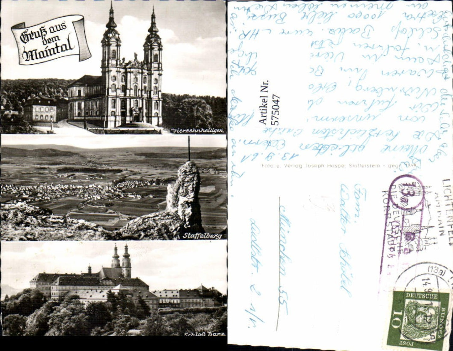 575047, Multi-image postcard Maintal Vierzehnheiligen Staffelberg Schloss Banz Kloster near Bamberg Postmark Lichtenfels am Main