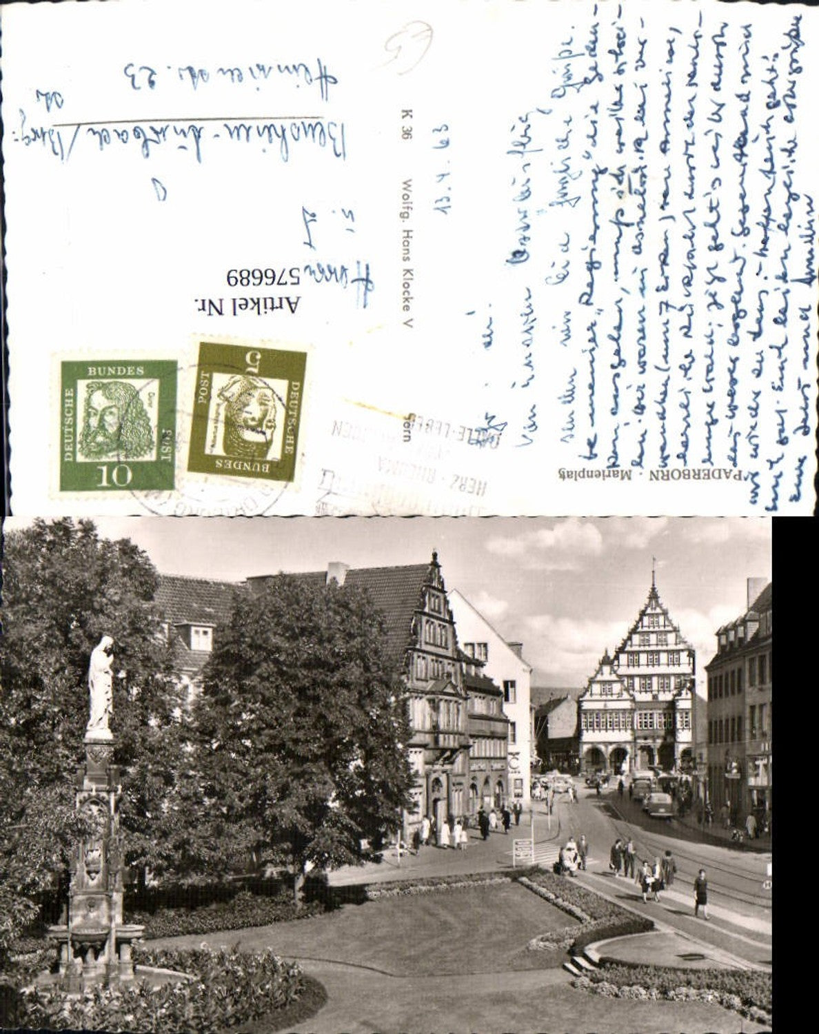 576689,Foto Ak Paderborn Marienplatz Statue Brunnen