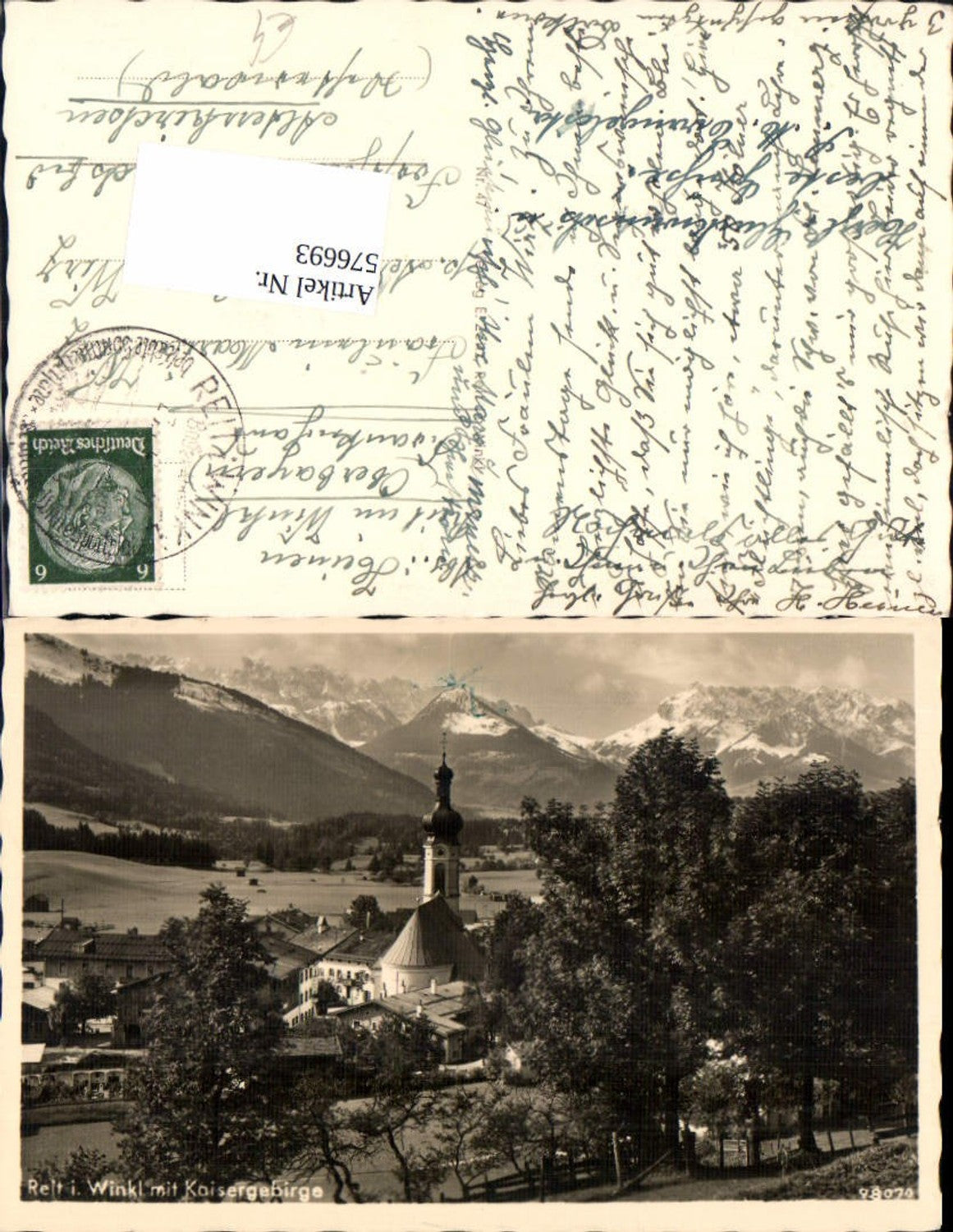 576693, Photo Ak Reit im Winkl m. Kaisergebirge Church