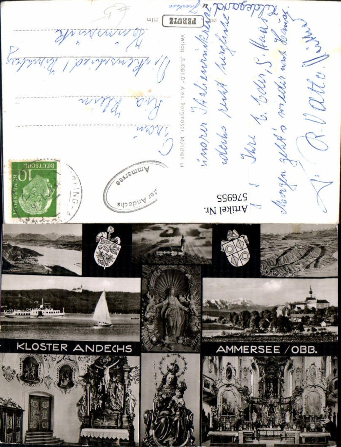 576955, Multi-image postcard Andechs Monastery Andechs Lake Ammersee Sailboat Altar