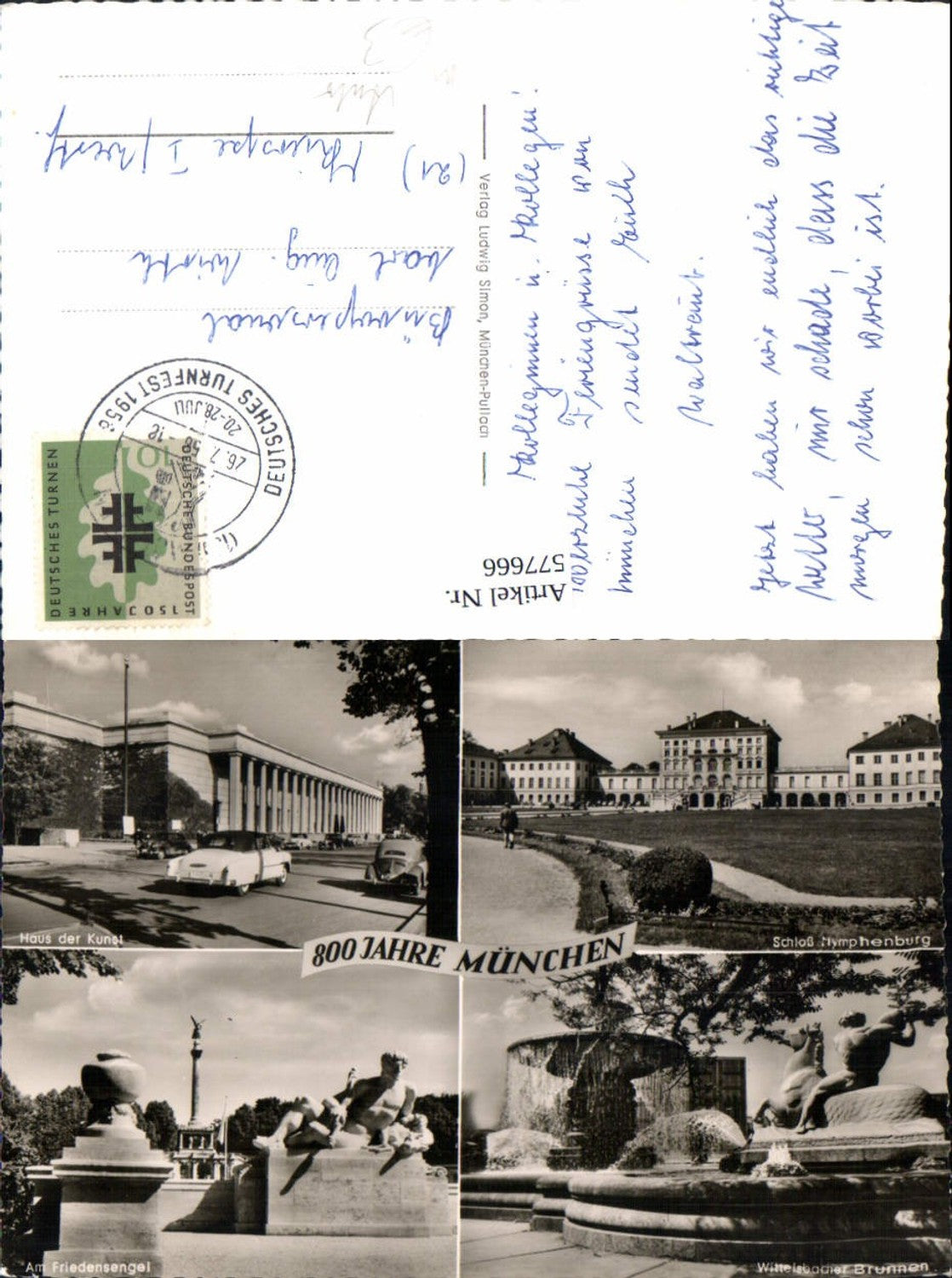 577666, Multi-image postcard Munich 800 years House of Art Angel of Peace Car Automobile
