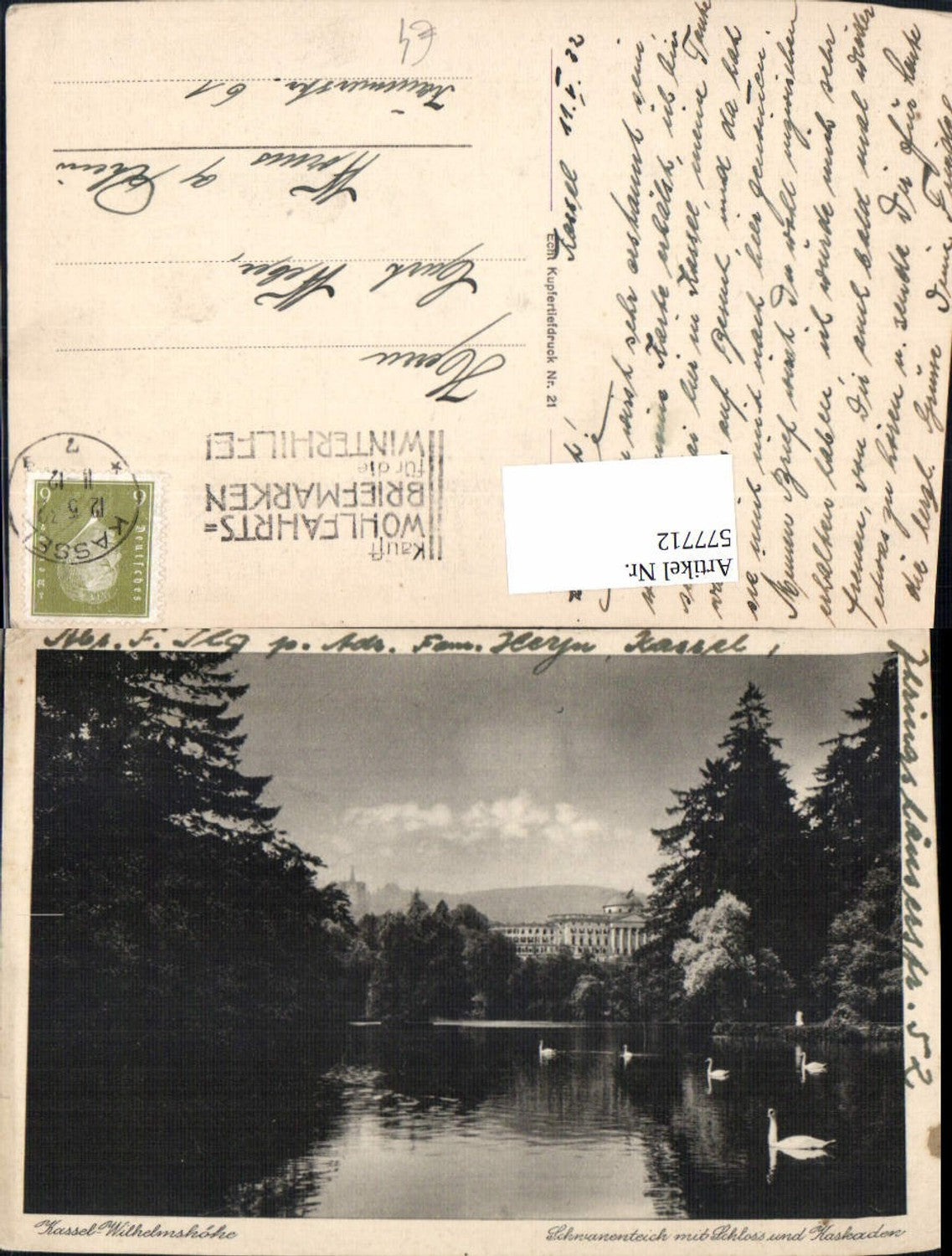 577712,Kassel Wilhelmshöhe Schwanenteich m. Schloss u. Kaskaden