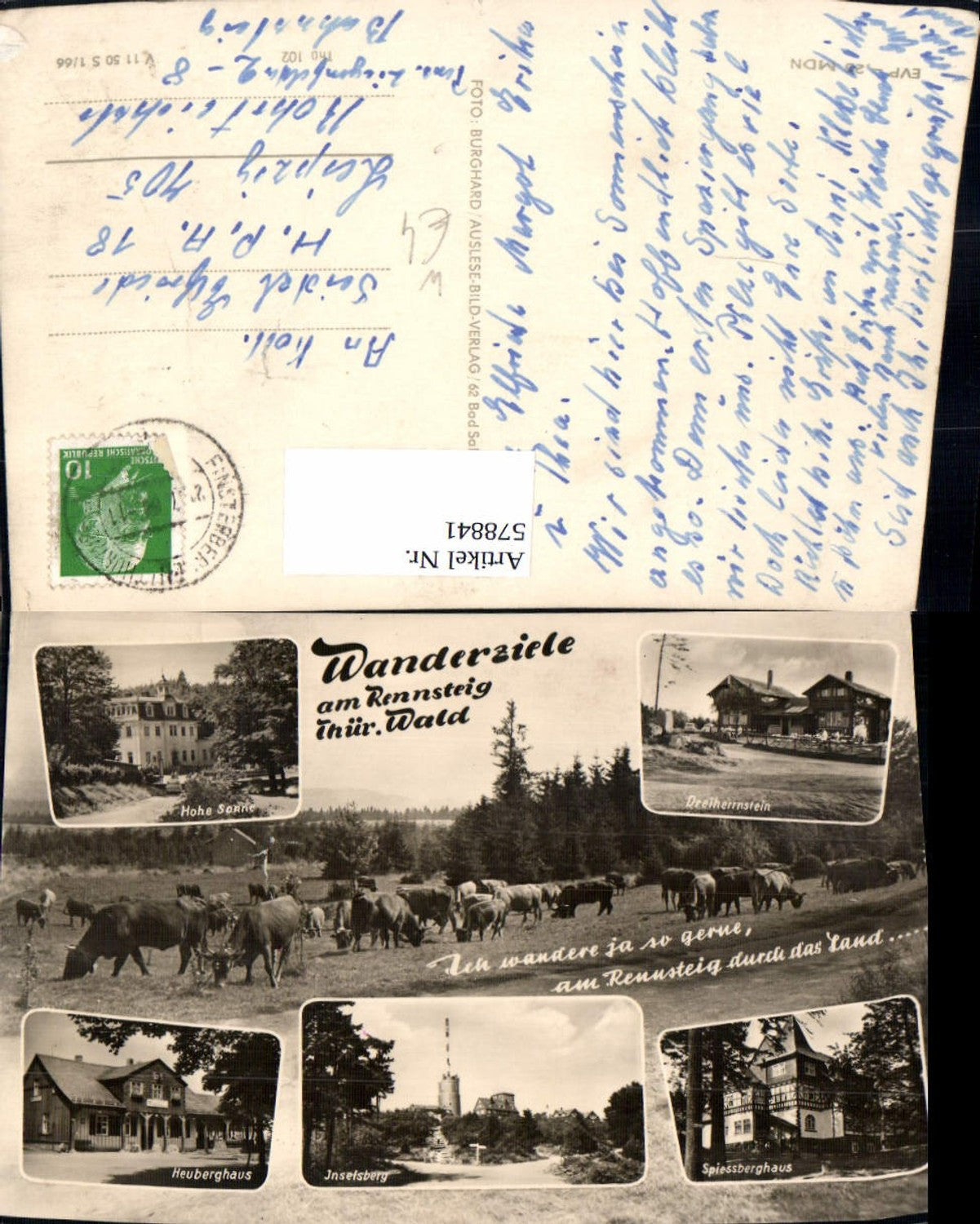578841, Multi-image postcard Rennsteig from Eisenach to Blankenstein Hohe Sonne Dreiherrnstein Heuberghaus cows cattle
