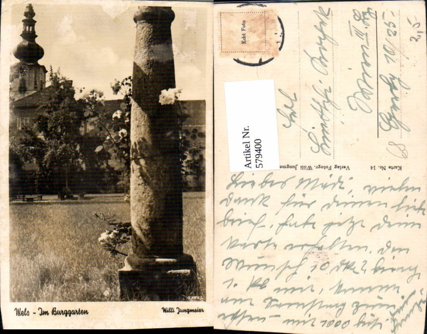 579400,Foto Ak Wels Im Burggarten Steinsäule