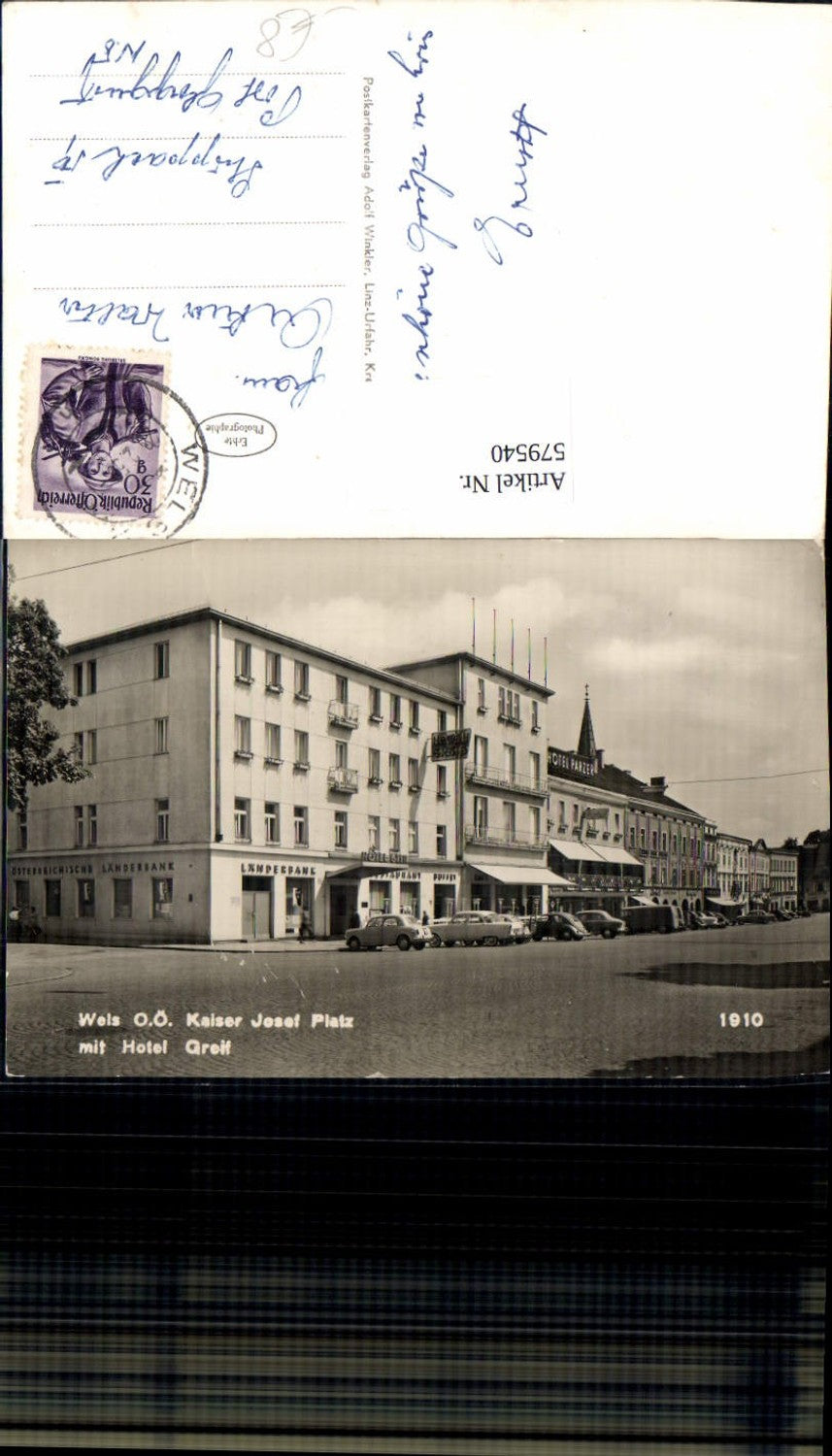 579540,Foto Ak Wels Kaiser Josef Platz m. Hotel Greif Auto VW Käfer VW Bully