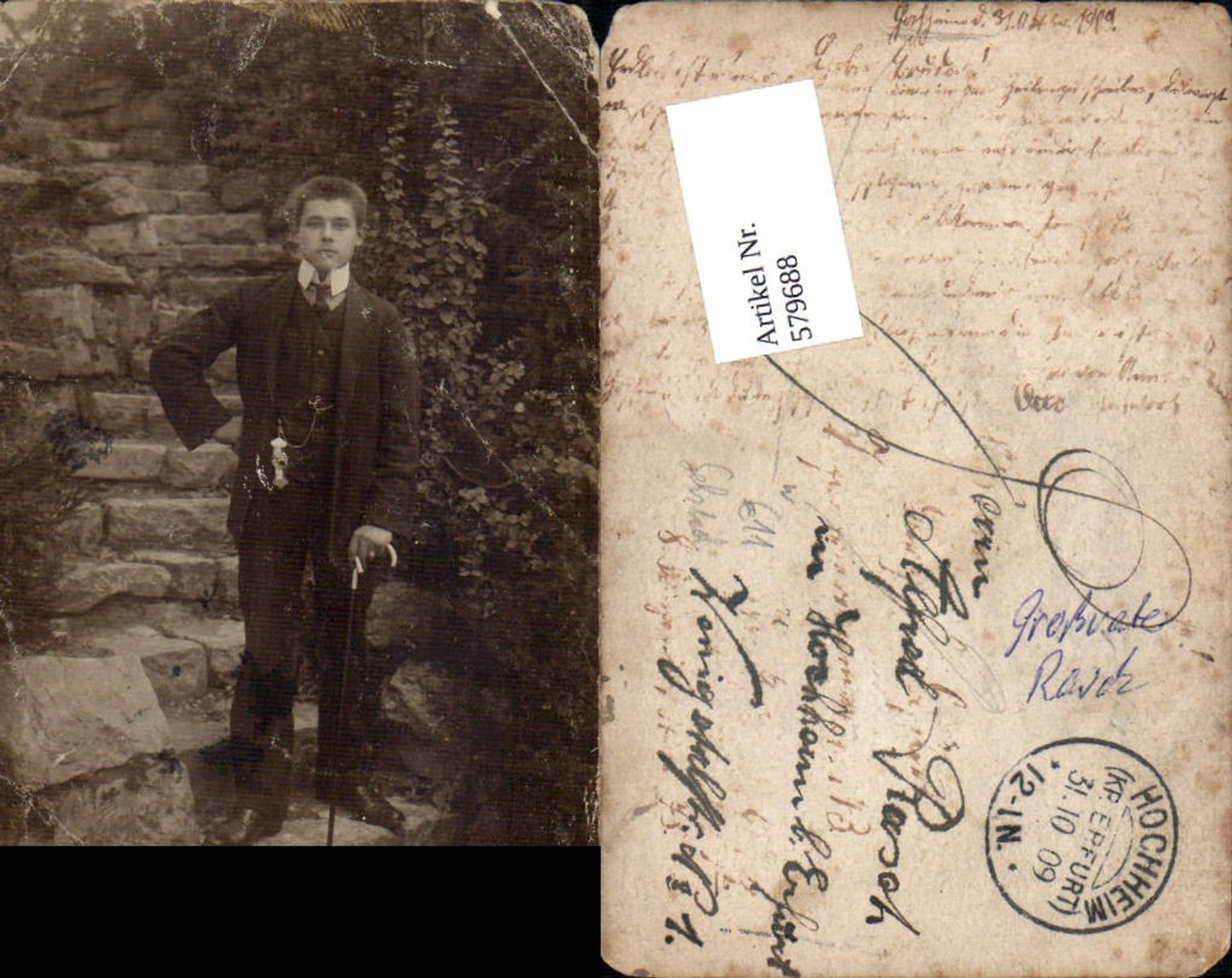 579688, Photo postcard Hochheim, Erfurt district, 1909, walking stick, man