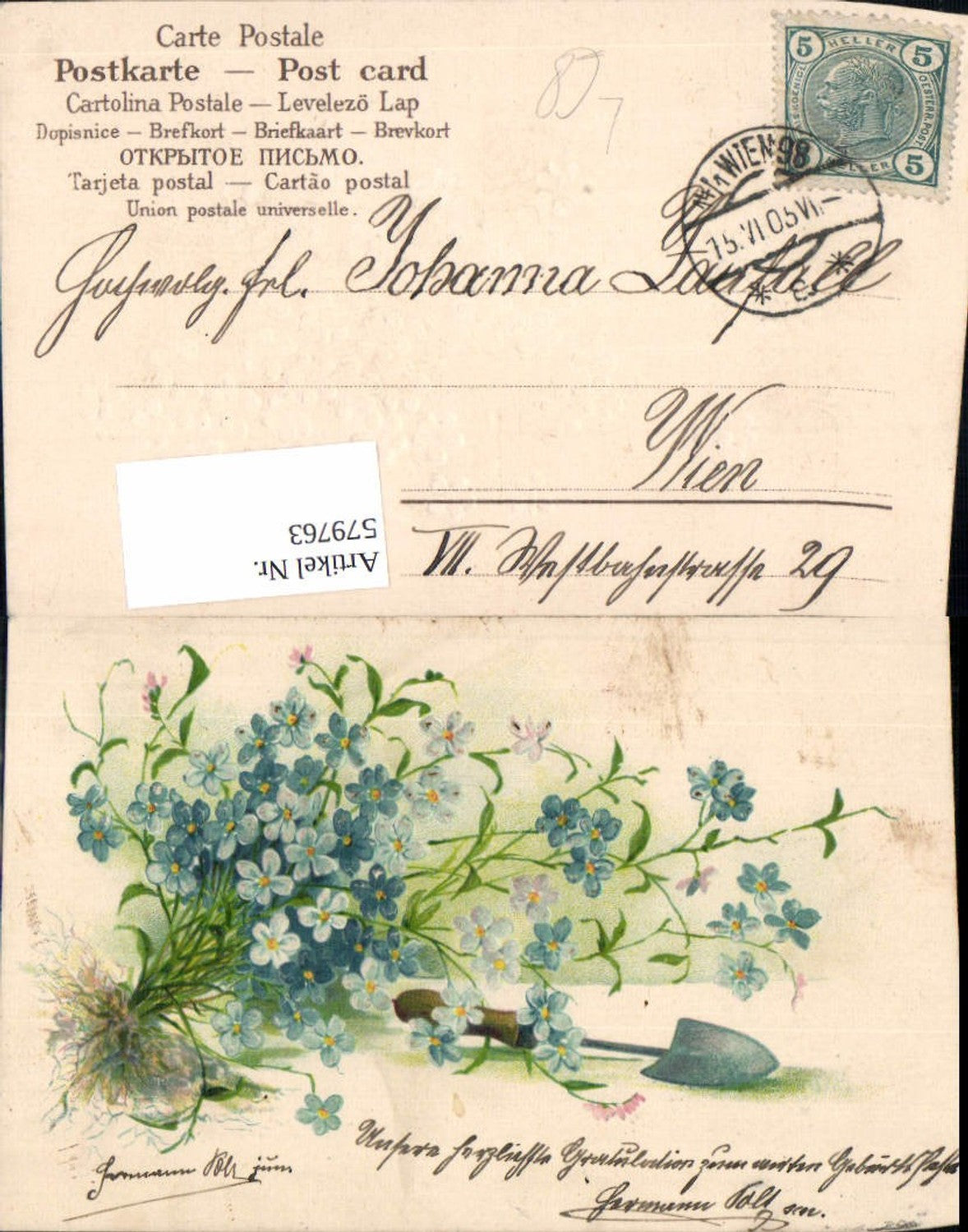579763,Präge Lithographie Vergissmeinnicht Blumen Spaten