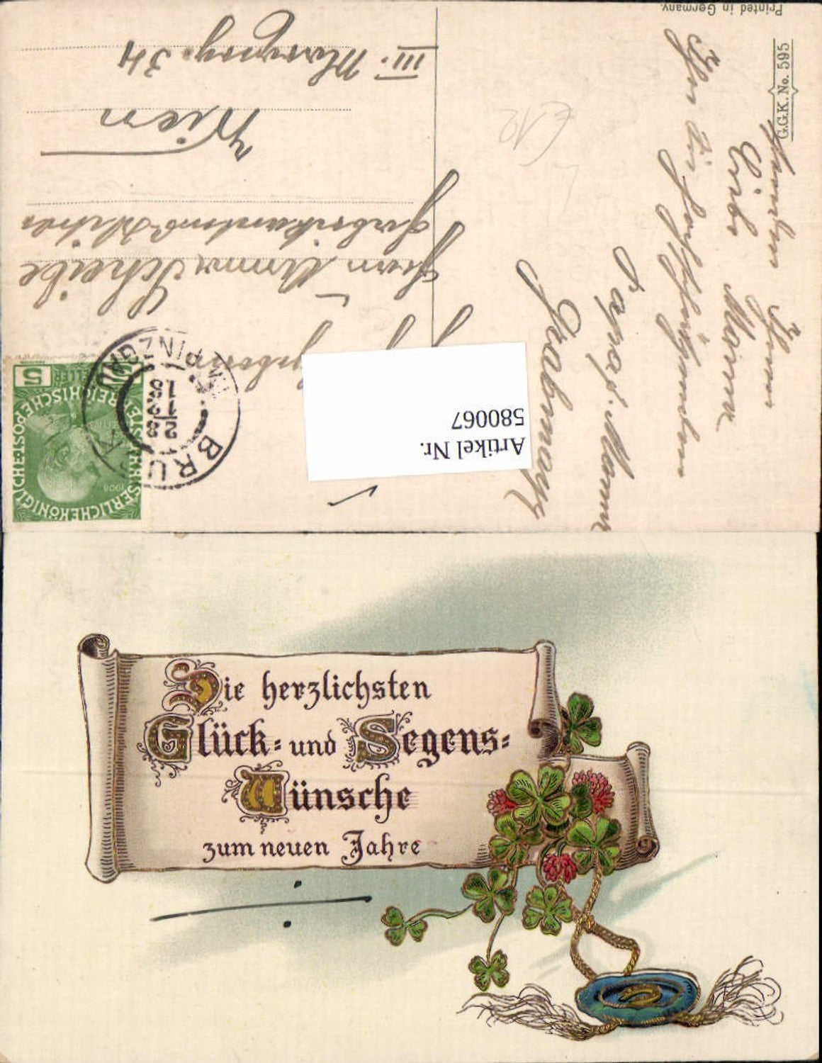 580067,tolle Präge Lithographie Neujahr Klee Siegel Golddruck Goldverzierung