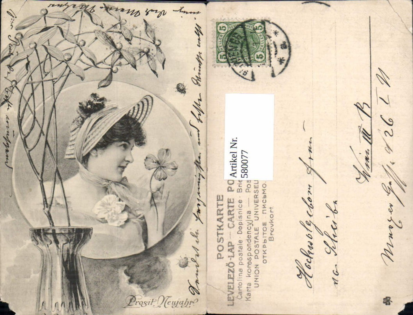 580077,tolle AK Neujahr Klee Frau Vase Marienkäfer Käfer