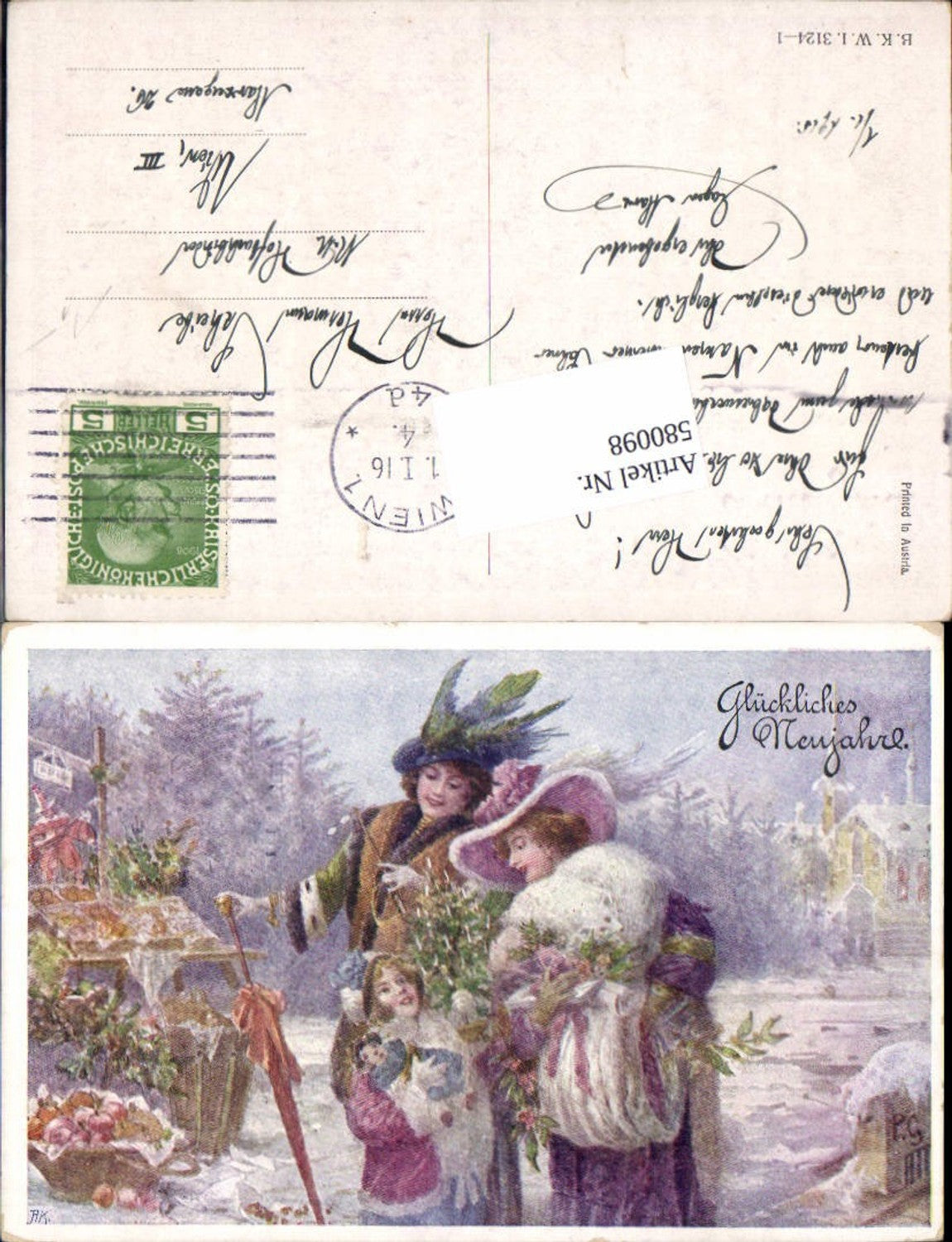 580098,tolle Künstler AK Neujahr Jugendstil Frauen Mode Weihnachtsbaum Muff Puppe pub B.K.W.I. 3124-1