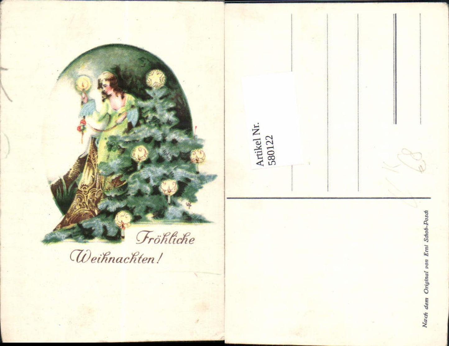 580122, Lithograph Erni Schob-Posch Christmas Angel Tree Christmas Tree