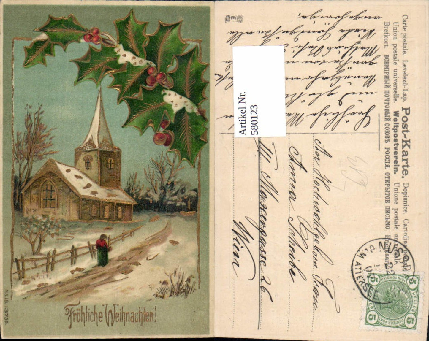 580123,tolle Präge Lithographie Kirche Dorf
