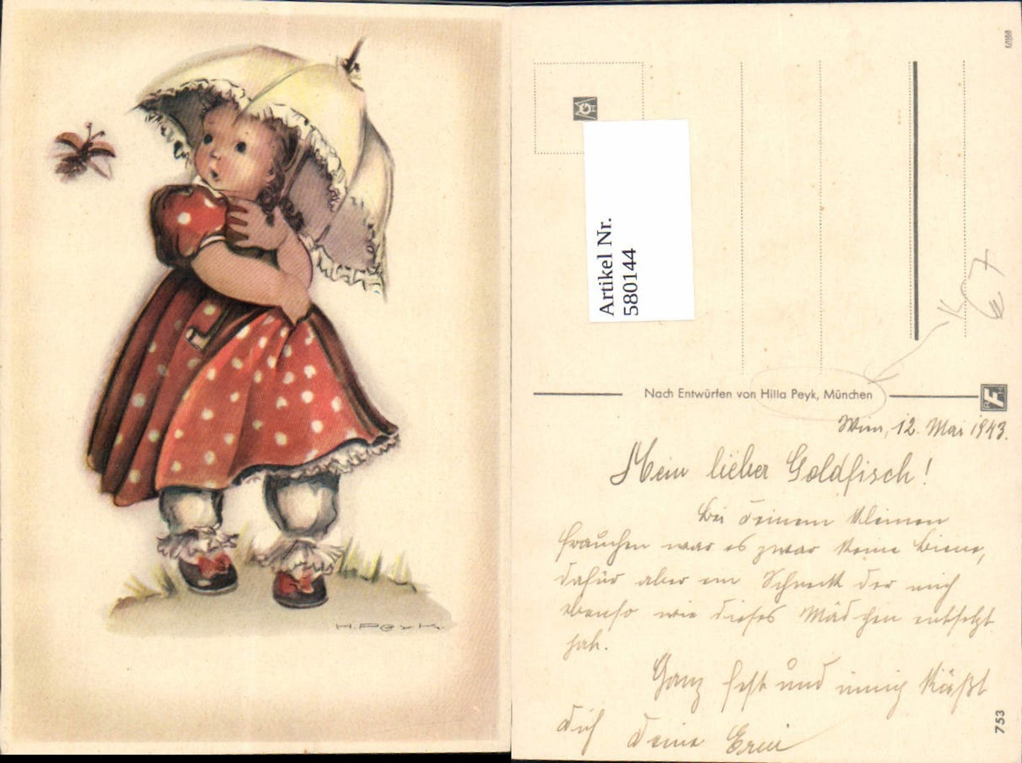 580144,Künstler AK Hilla Peyk München Mädchen Schirm Käfer