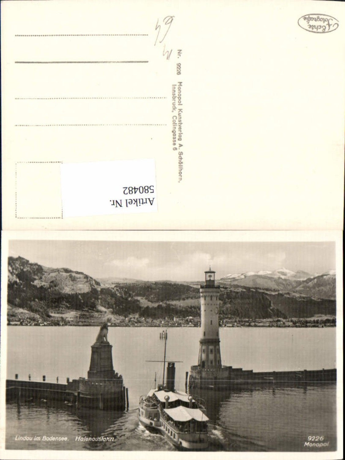 580482,Foto Ak Leuchtturm Lindau Bodensee Hafenausfahrt Löwendenkmal Schiff Dampfer