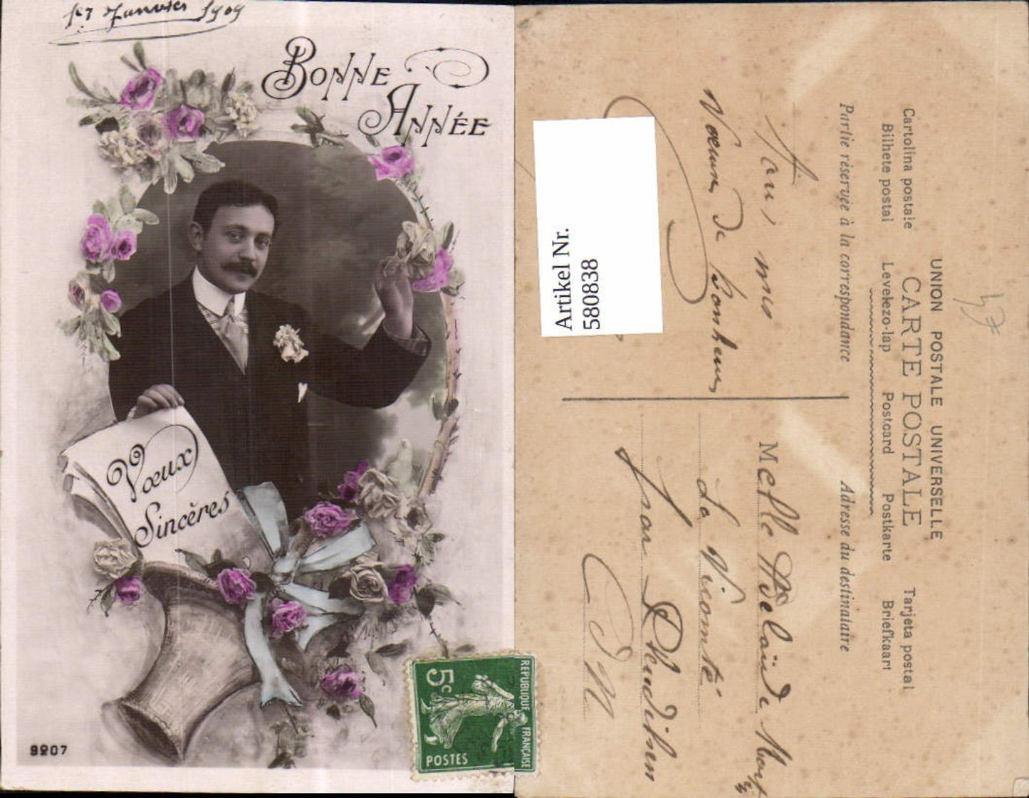 580838,Fotomontage Mann Portrait Bonne Annee Voeux Sinceres Korb Blumen Rosen