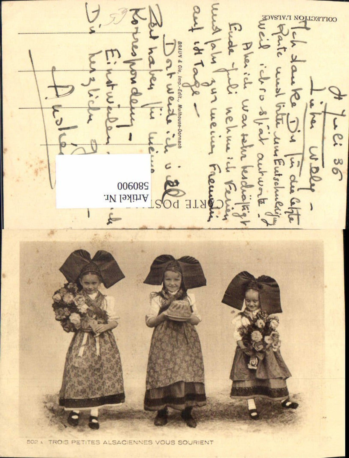 580900,Mädchen Kinder in Tracht Schwalbenschwanz Kuchen Blumen Alsace Elsass