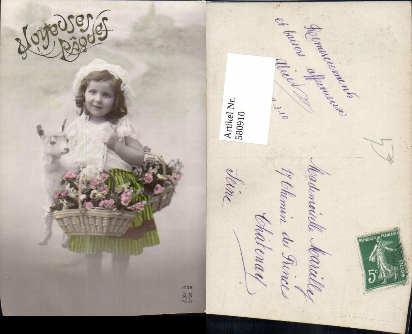 580910, Child girl with lamb lace bonnet, basket with flowers