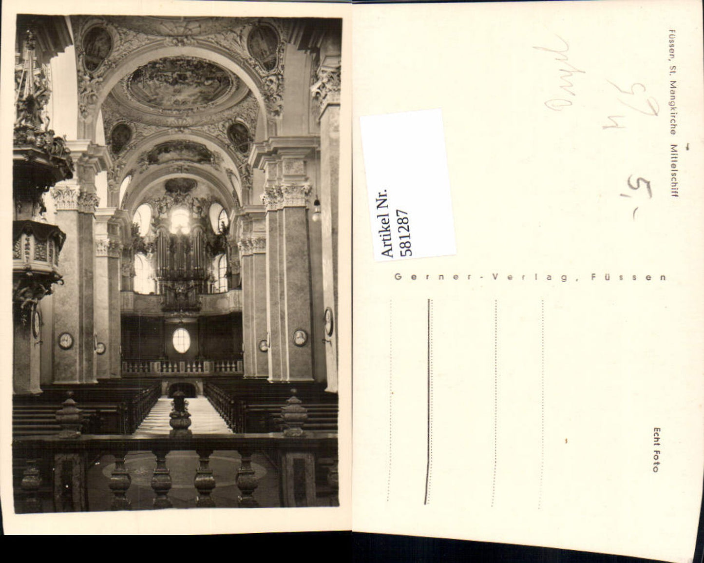 581287,Foto Ak Füssen St Mangkirche Mittelschiff Kirche Orgel