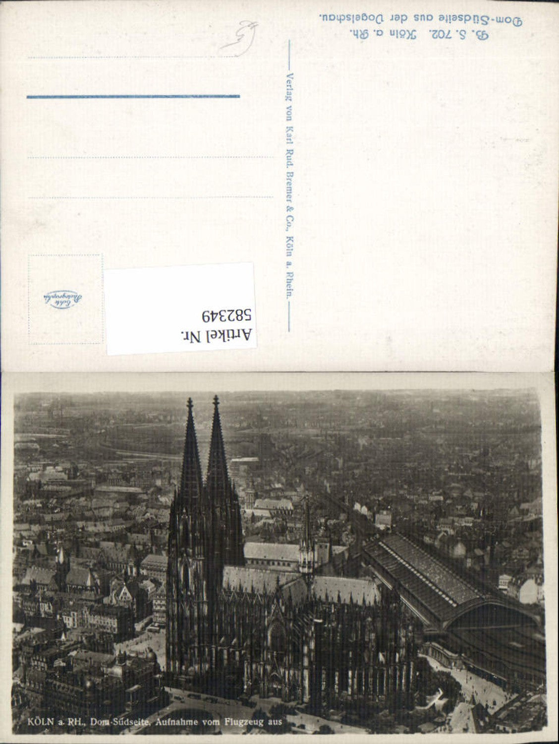 582349,Foto Ak Köln a. Rhein Dom Südseite Aufnahme v. Flugzeug aus