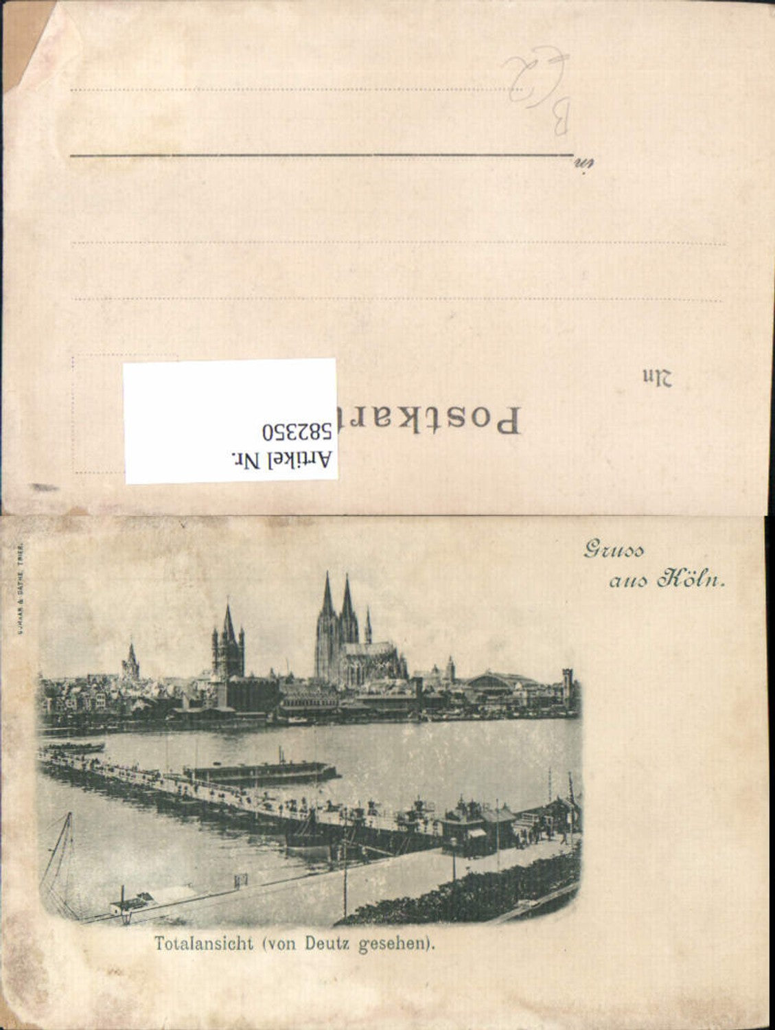 582350,Litho Köln a. Rhein Totalansicht v. Deutz gesehen Schiff Dampfer