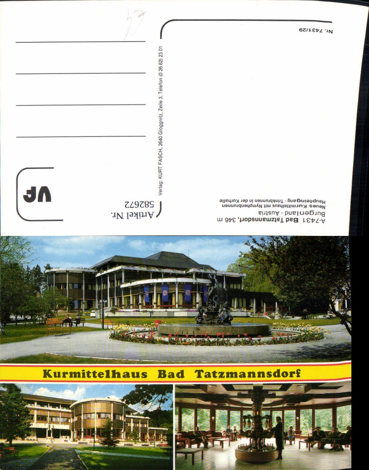 582672, Multi-image postcard Bad Tatzmannsdorf New spa building with Nymph Fountain Fountain