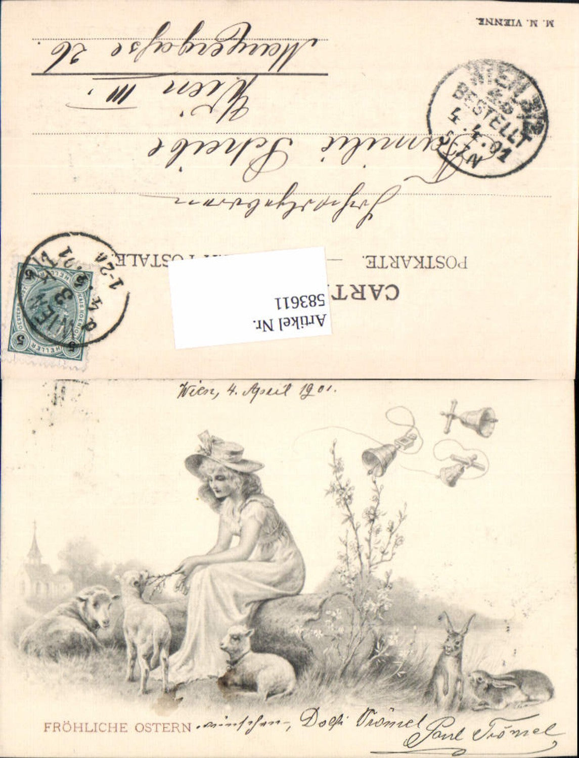 583611,Künstler AK Ostern Frau Hasen Munk Vienne