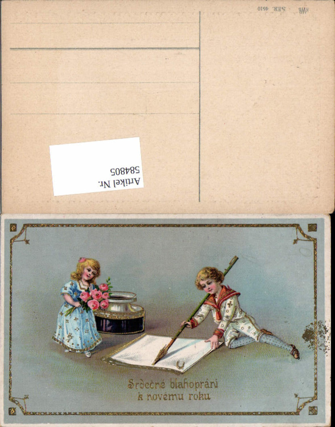 584805,Lithographie Goldverzierung Neujahr Tintenfass Kinder Füllfeder