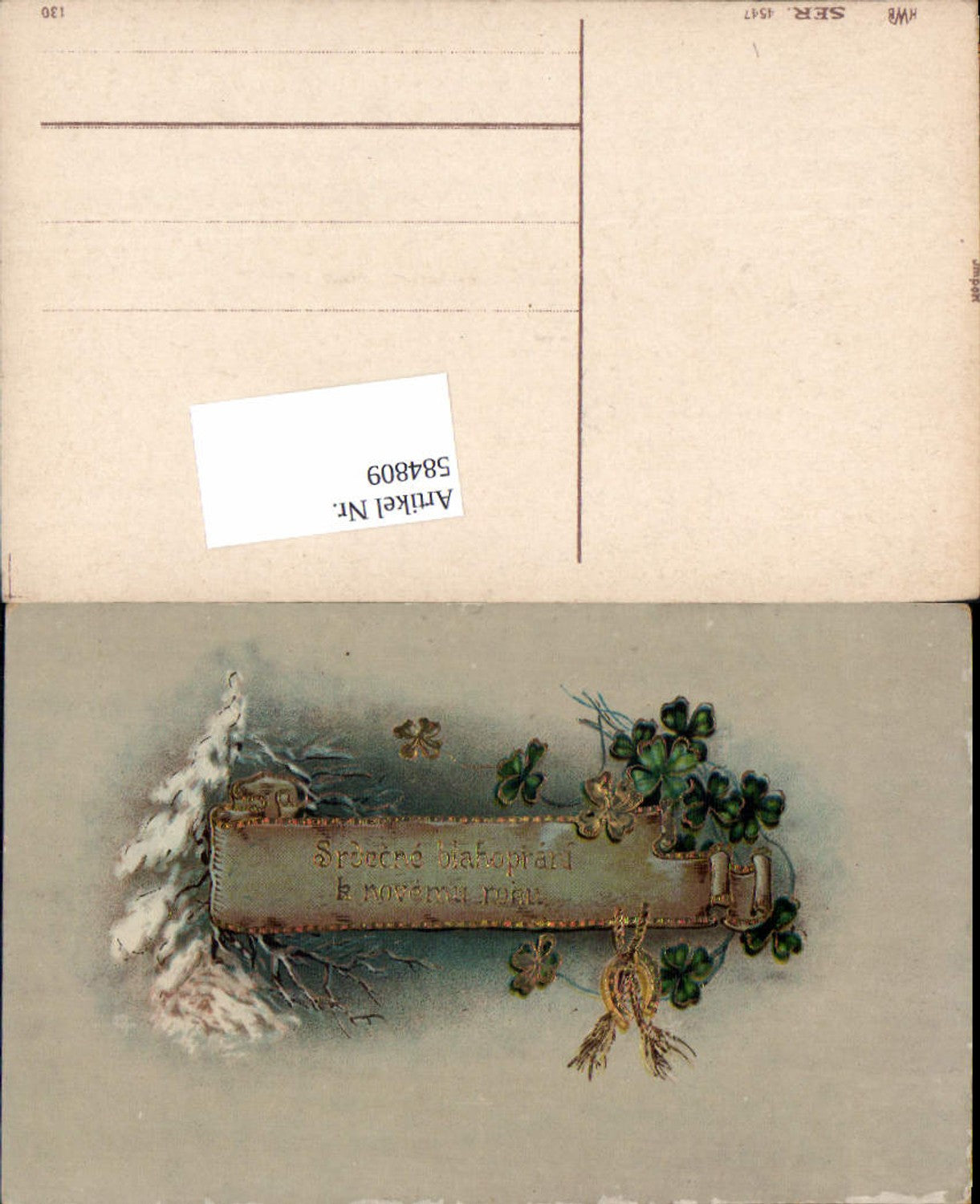 584809,Lithographie Goldverzierung Neujahr Klee Hufeisen