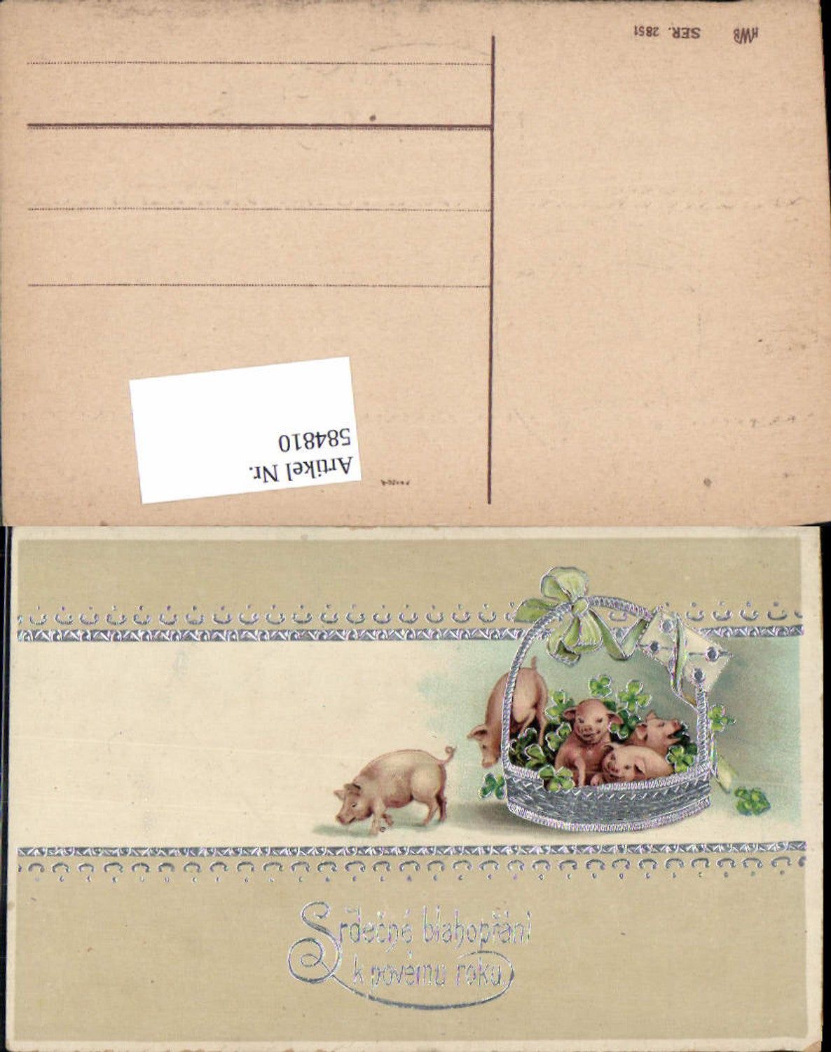 584810,Lithographie Goldverzierung Neujahr Ferkel Klee