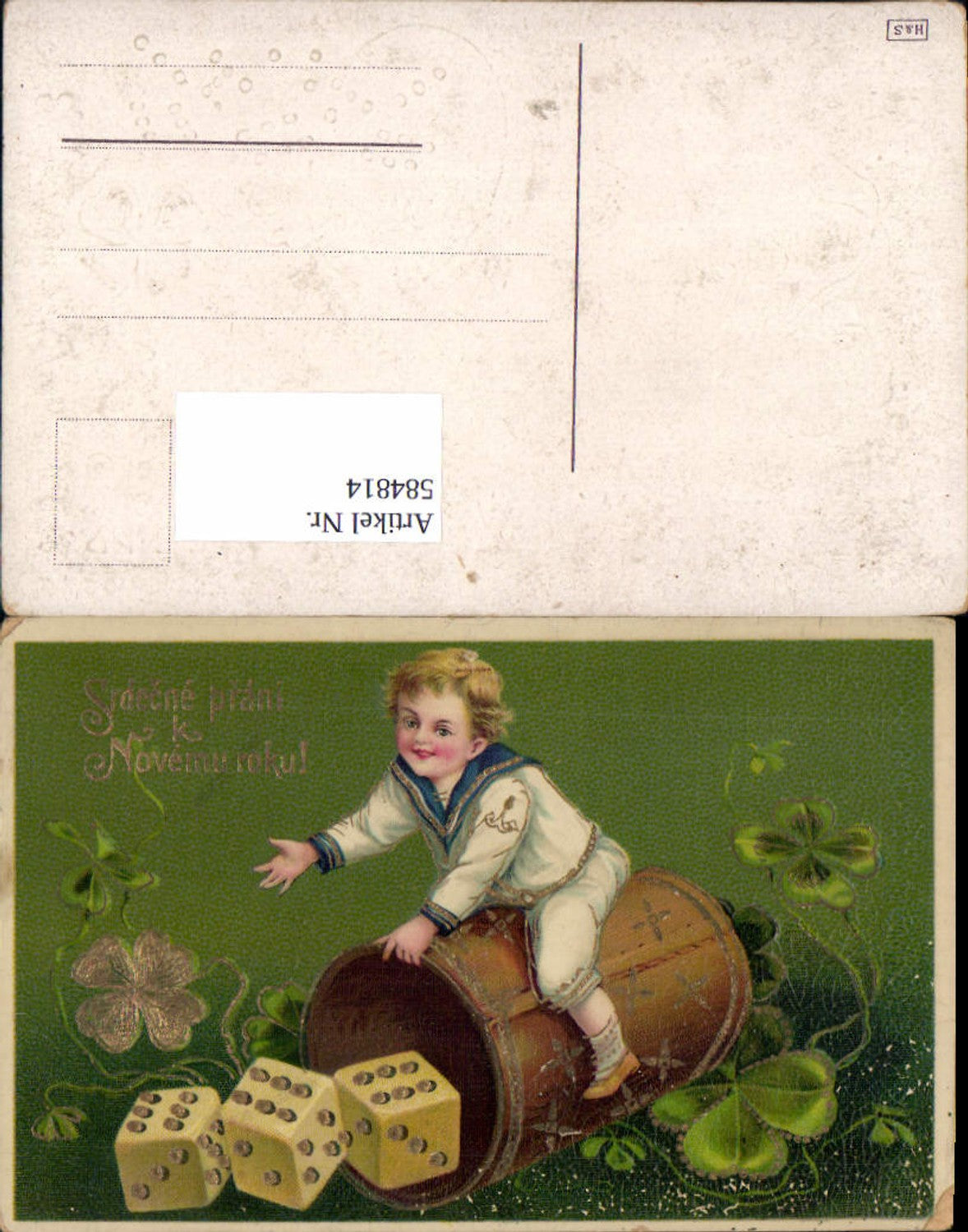 584814,Lithographie Goldverzierung Neujahr Spielwürfen Würfel Klee