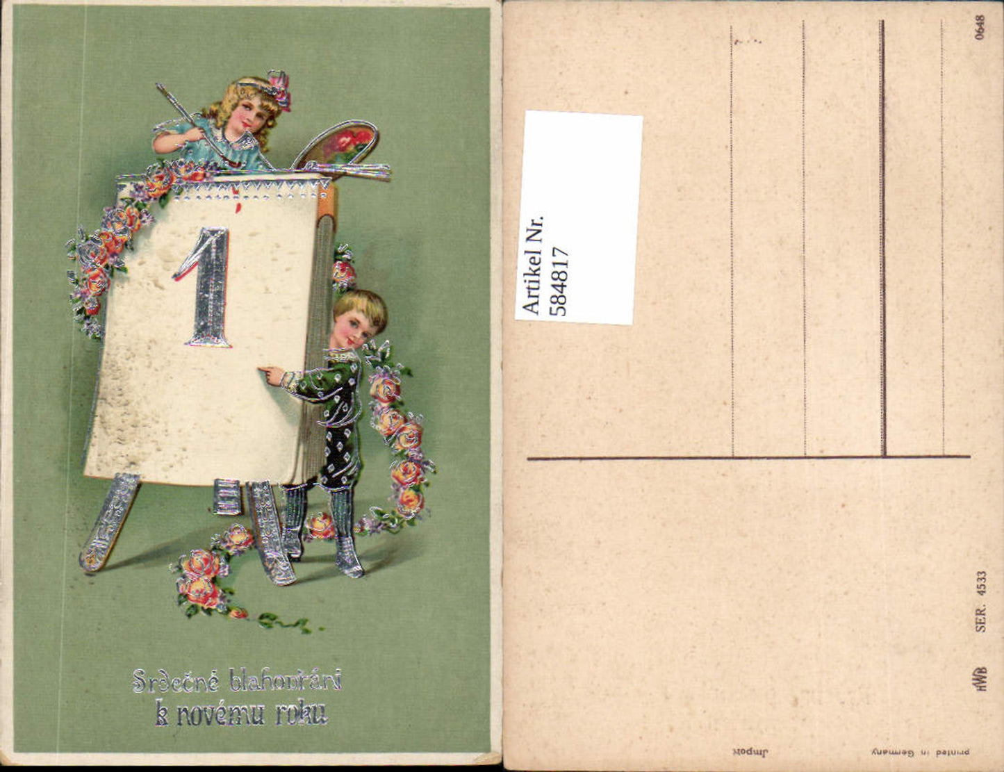 584817,Lithographie Neujahr Kinder Malerei Kalender Staffete